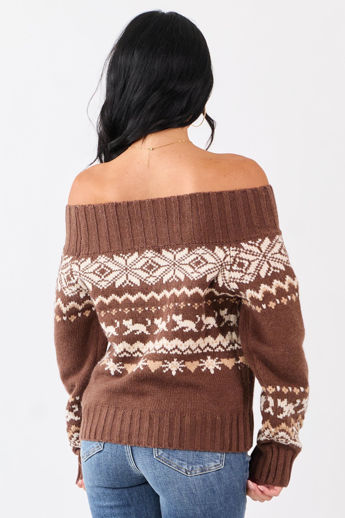 Coffee Fair Isle Pattern Off Shoulder Knit Sweater