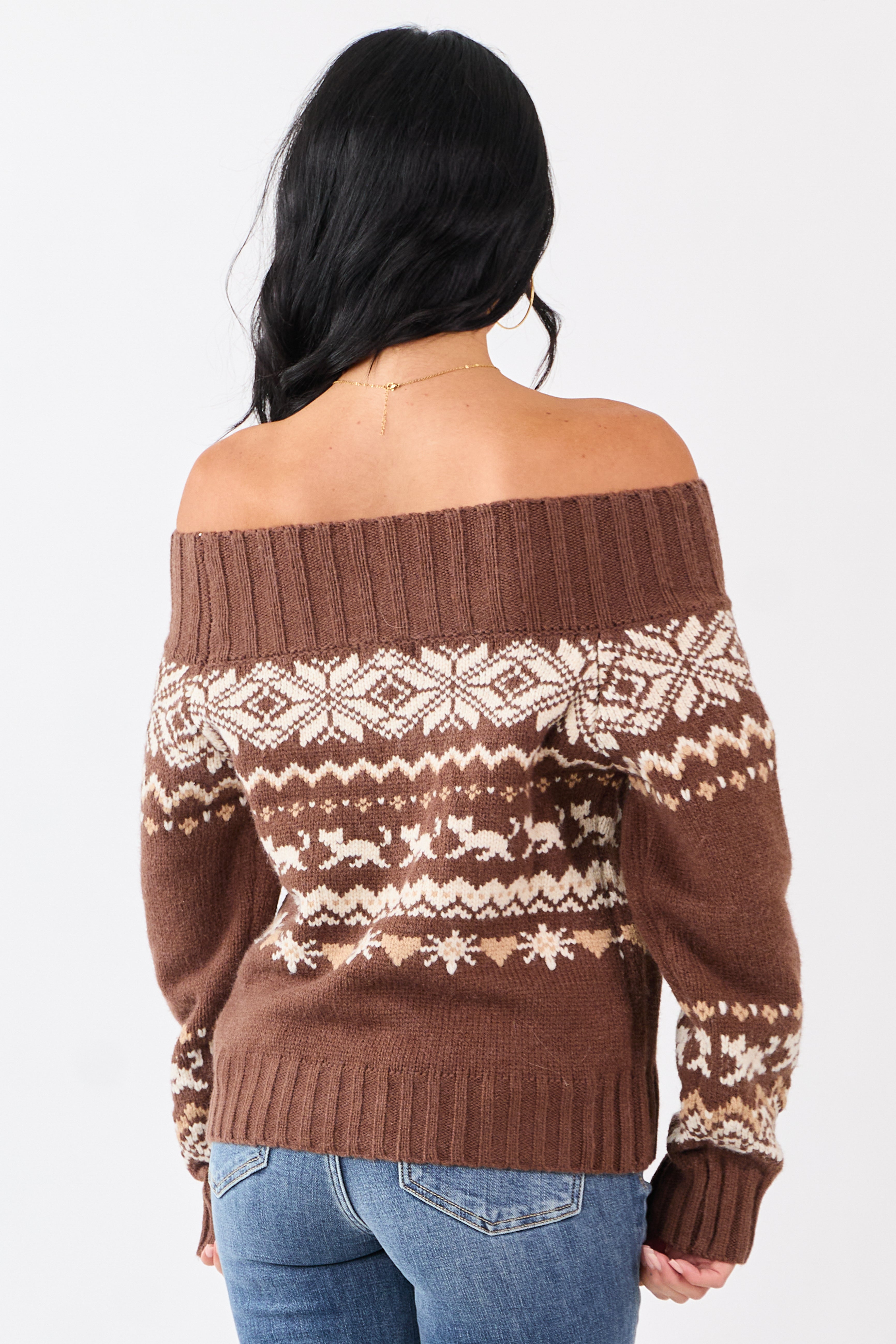 Coffee Fair Isle Pattern Off Shoulder Knit Sweater