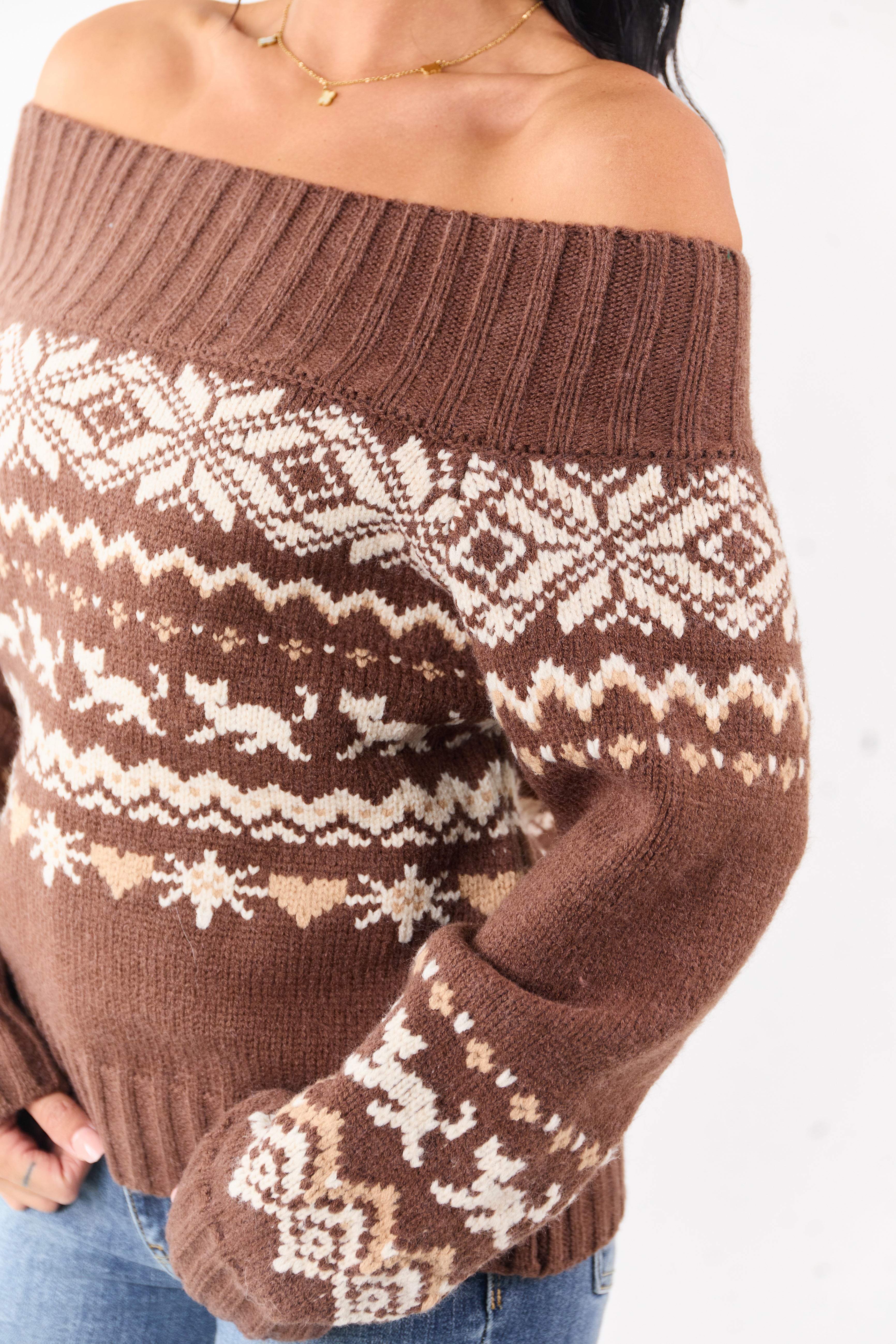 Coffee Fair Isle Pattern Off Shoulder Knit Sweater | Lime Lush