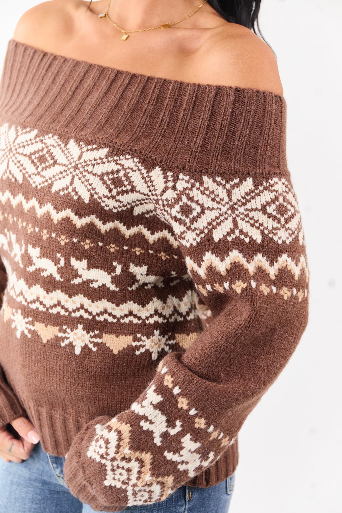 Coffee Fair Isle Pattern Off Shoulder Knit Sweater