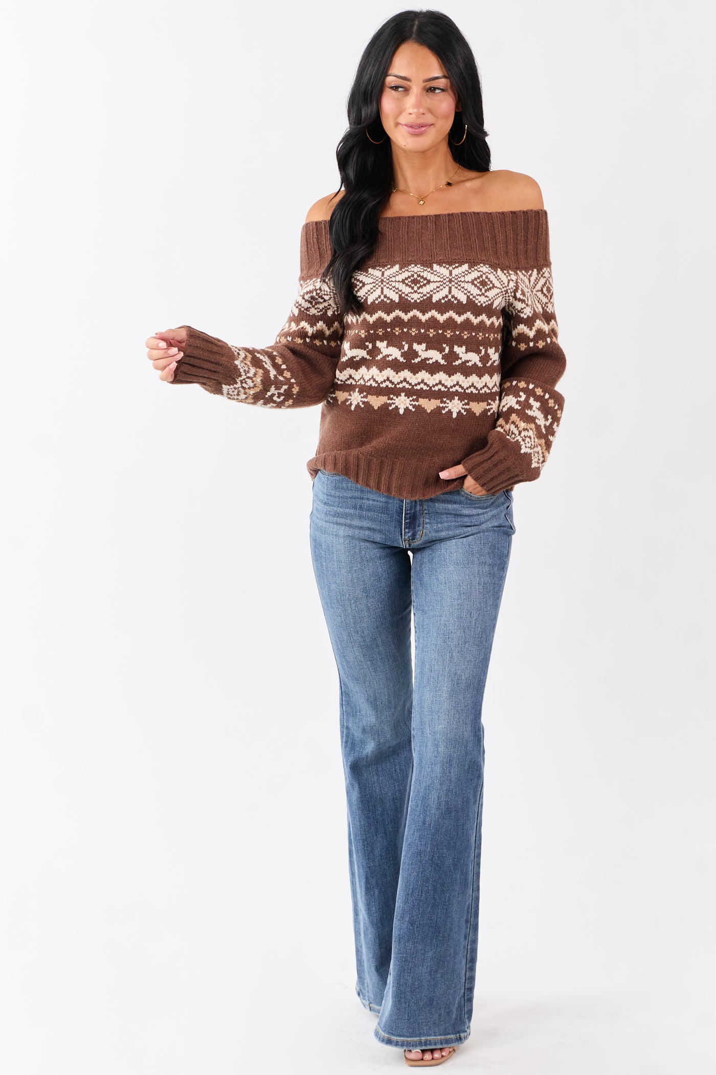 Coffee Fair Isle Pattern Off Shoulder Knit Sweater