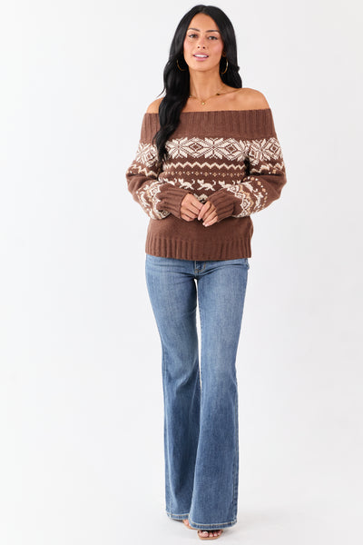 Coffee Fair Isle Pattern Off Shoulder Knit Sweater