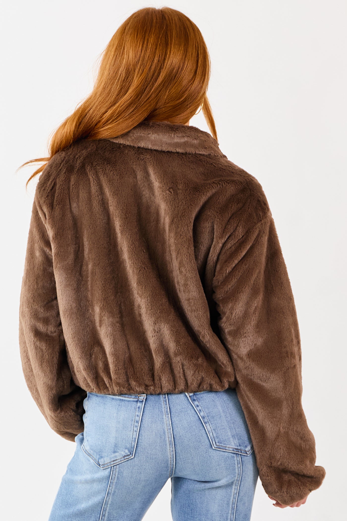 Coffee Faux Fur Collared Zip Up Jacket with Pockets