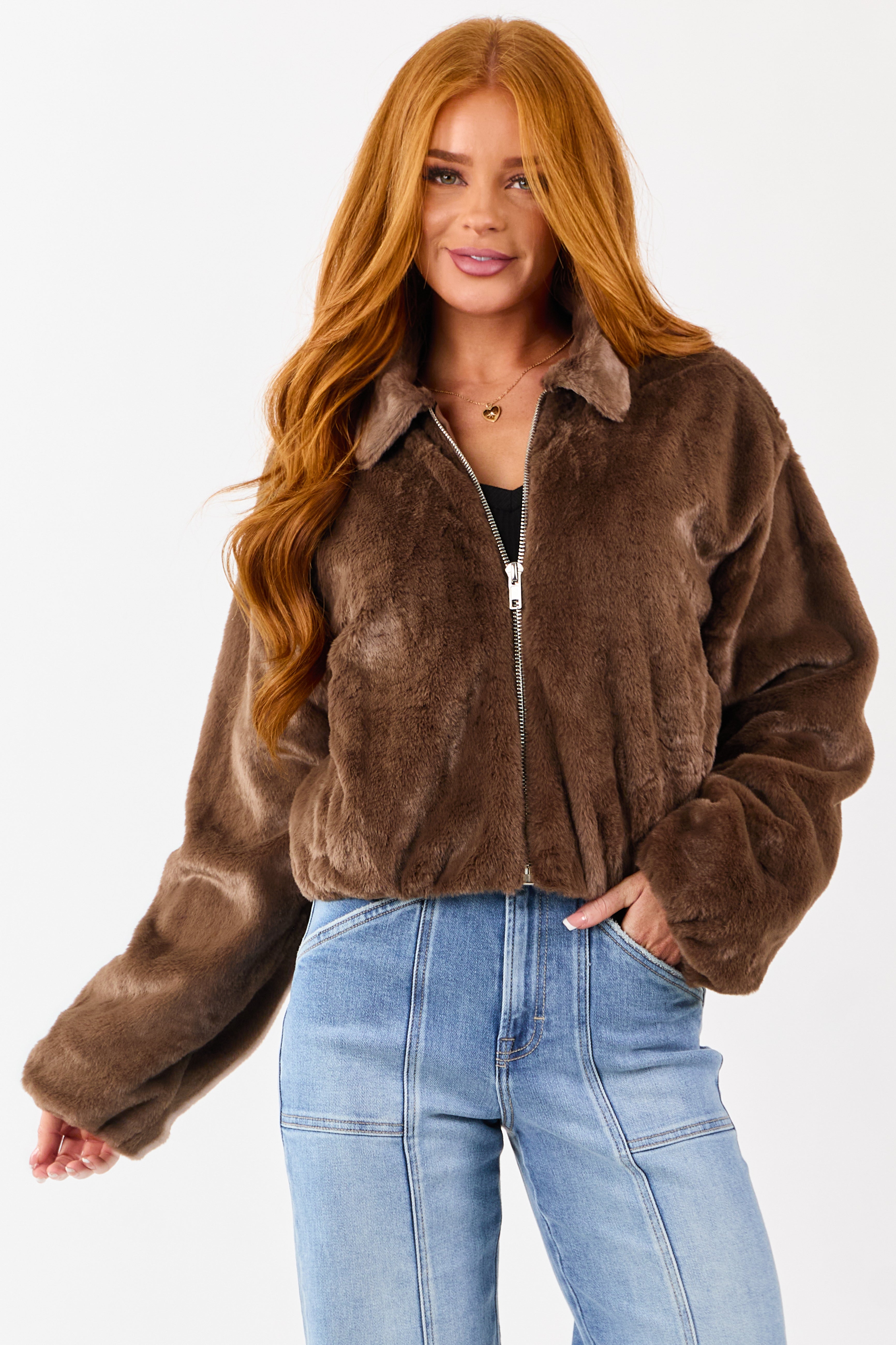 Coffee Faux Fur Front Toggle Closure Jacket | Lime Lush Boutique