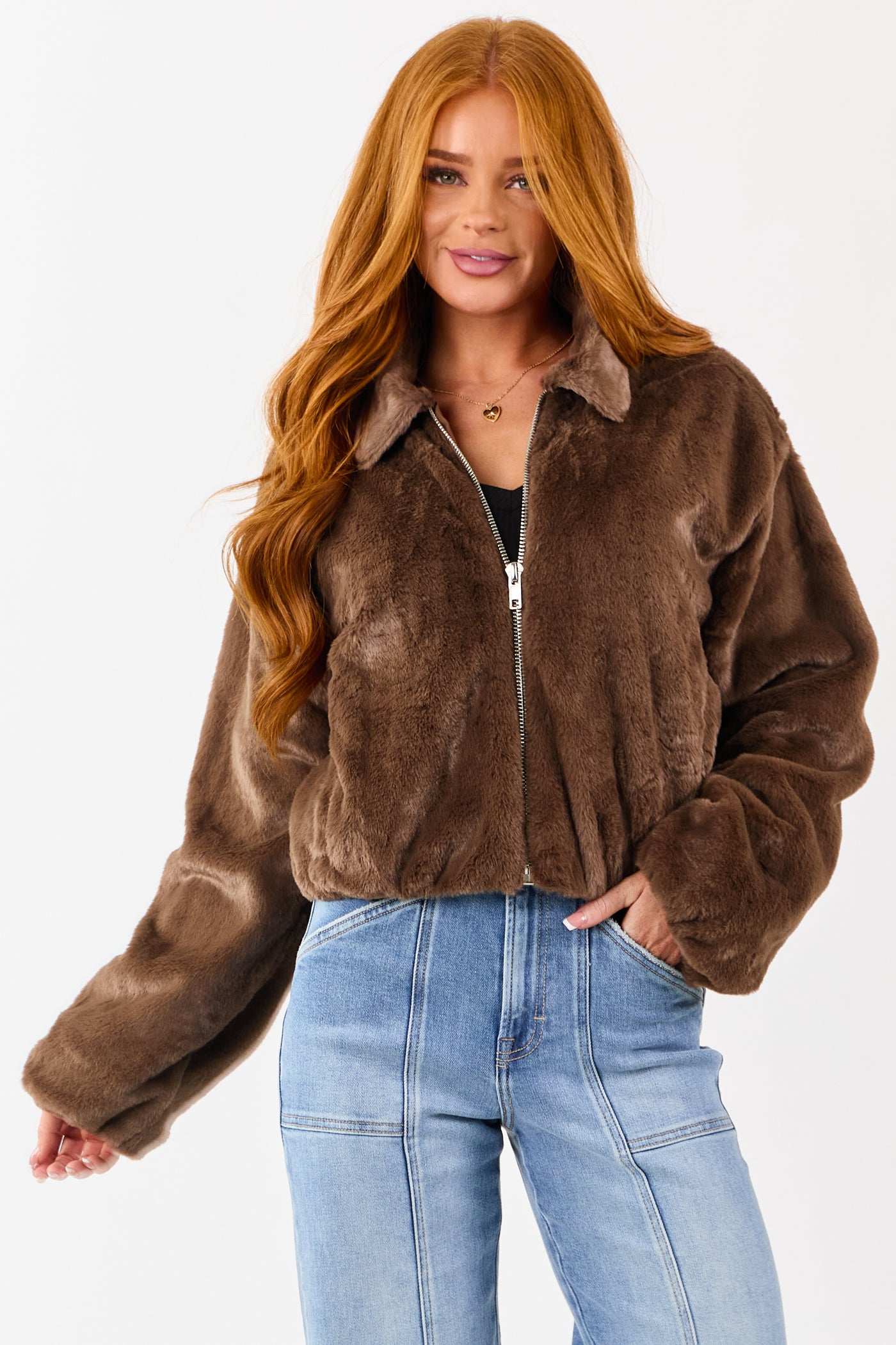 Coffee Faux Fur Collared Zip Up Jacket with Pockets