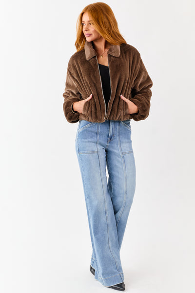 Coffee Faux Fur Collared Zip Up Jacket with Pockets