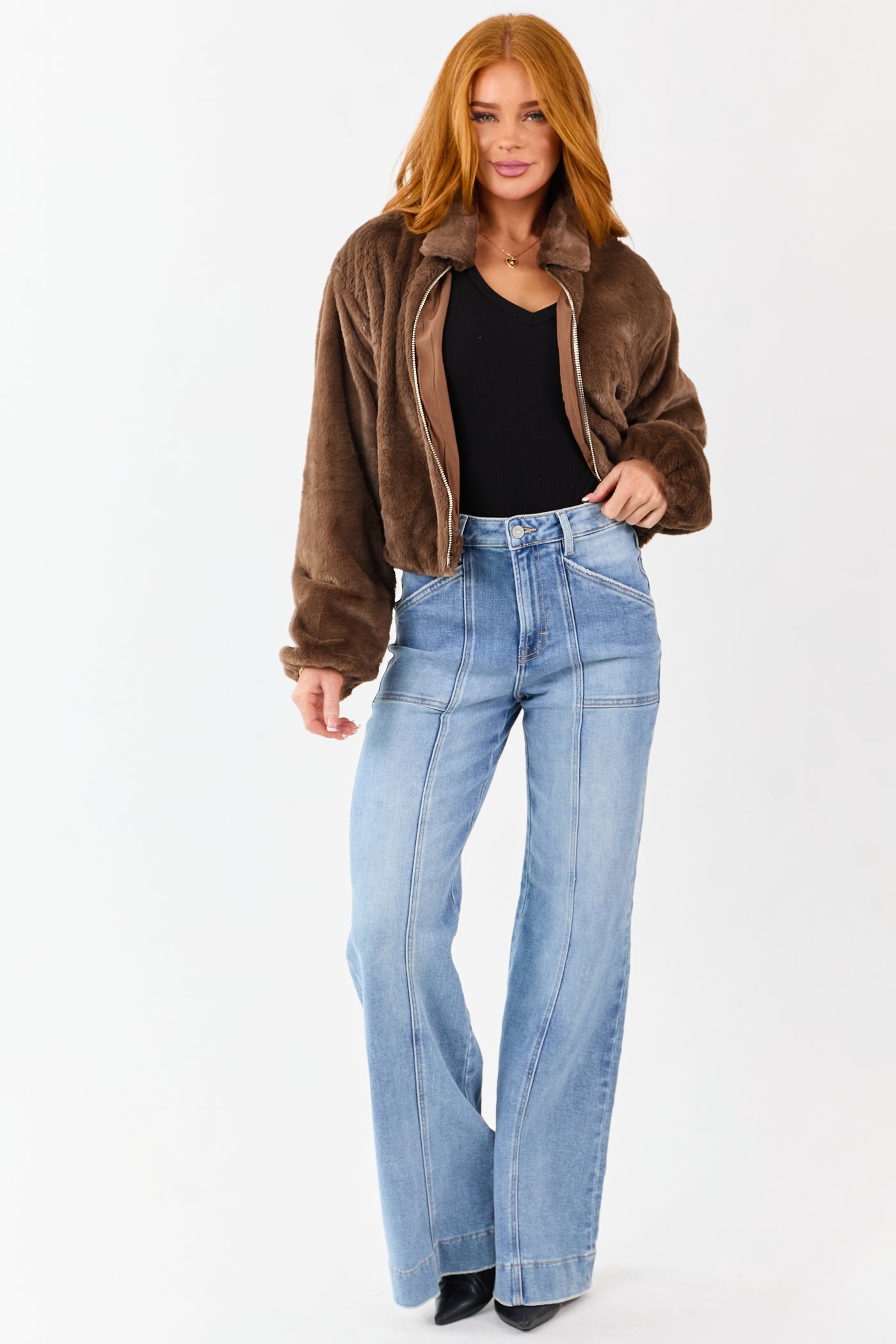 Coffee Faux Fur Collared Zip Up Jacket with Pockets
