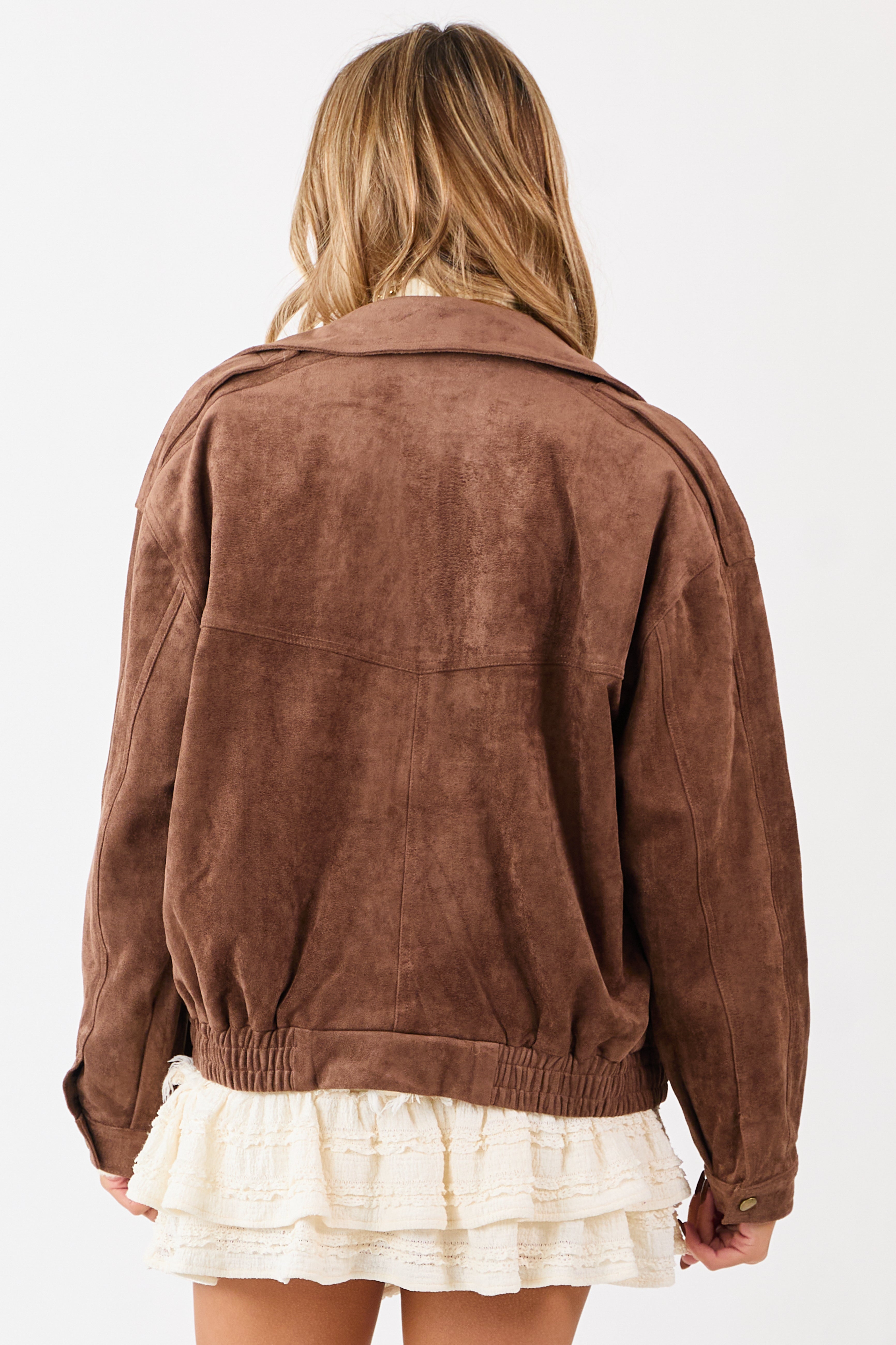 Coffee Faux Suede Bomber Style Zip Up Jacket