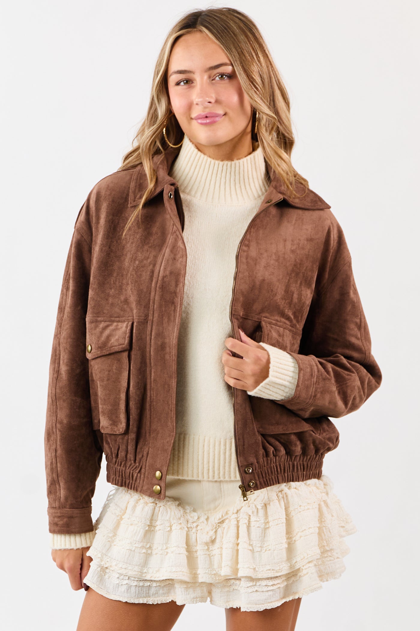 Coffee Faux Suede Bomber Style Zip Up Jacket