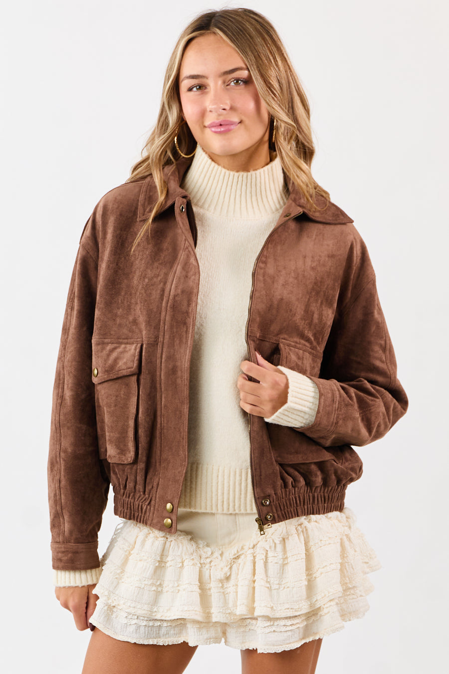 Coffee Faux Suede Bomber Style Zip Up Jacket