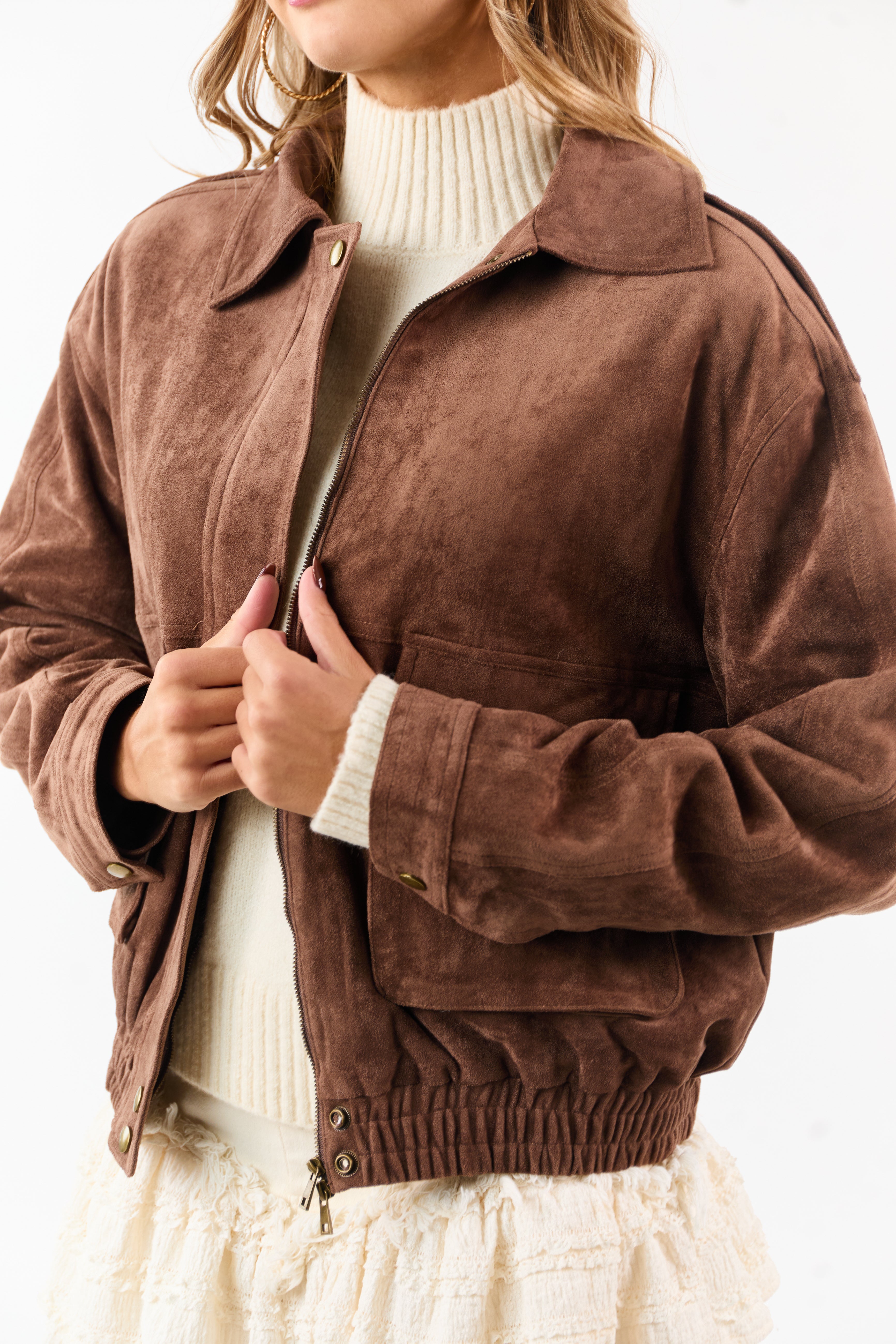 Coffee Faux Suede Bomber Style Zip Up Jacket