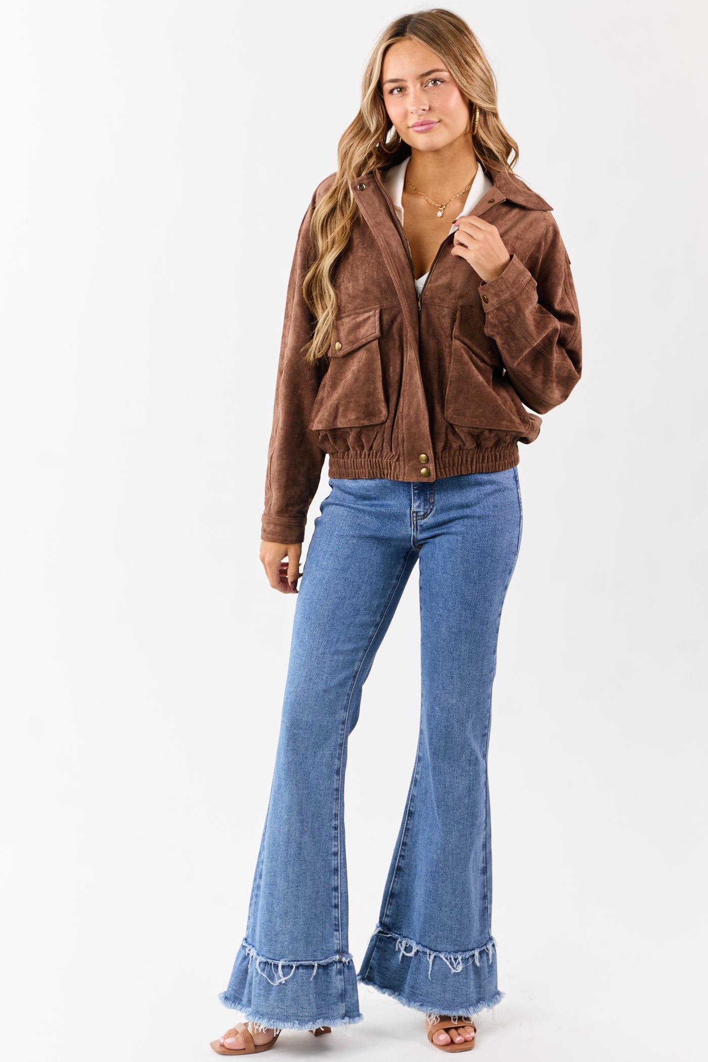 Coffee Faux Suede Bomber Style Zip Up Jacket