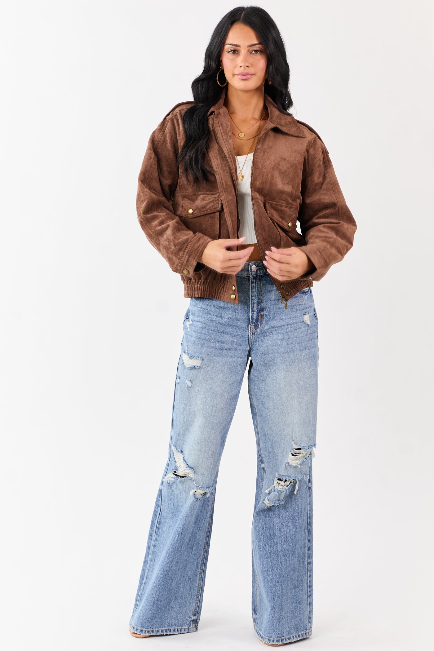 Coffee Faux Suede Bomber Style Zip Up Jacket