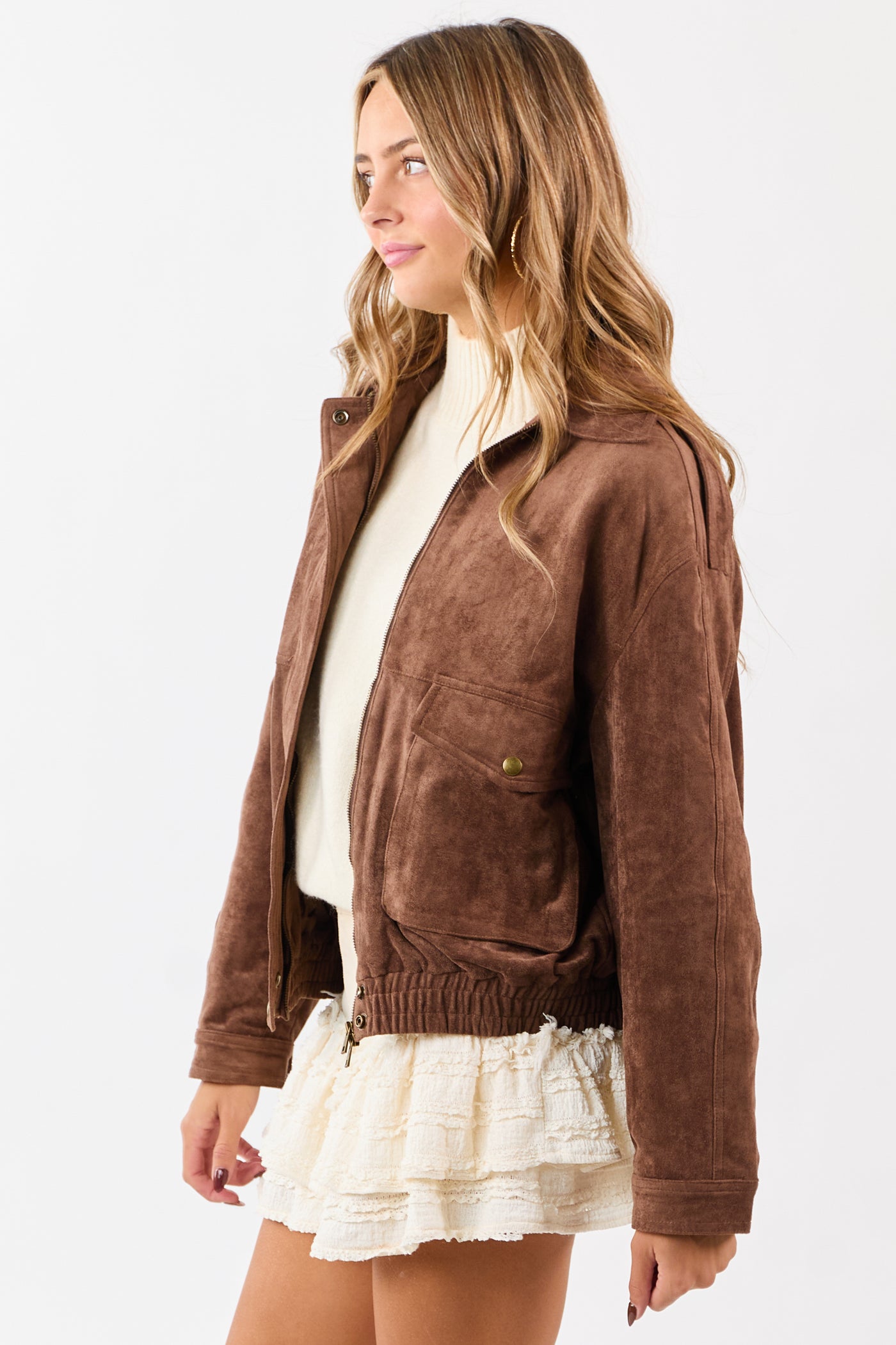 Coffee Faux Suede Bomber Style Zip Up Jacket