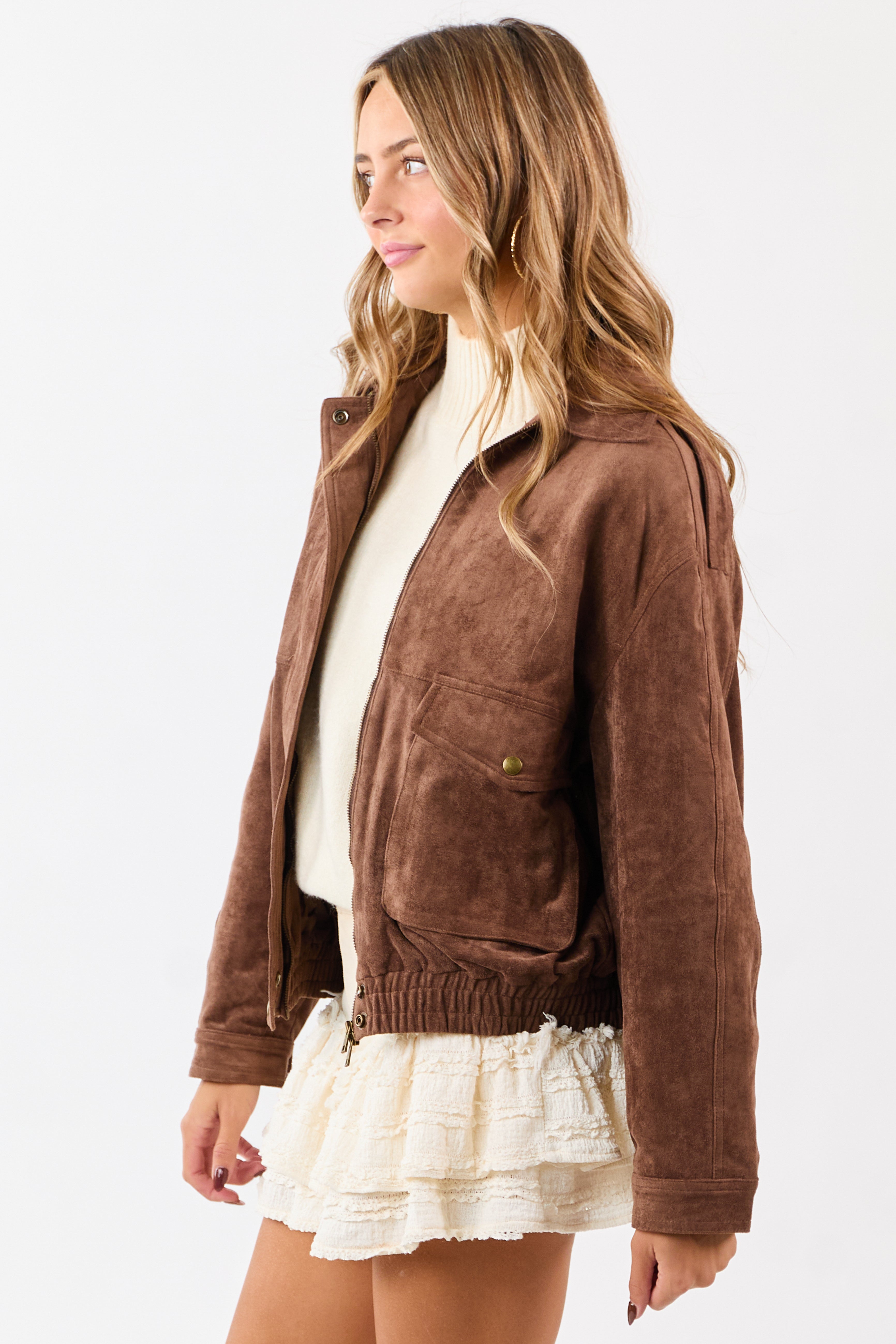 Coffee Faux Suede Bomber Style Zip Up Jacket