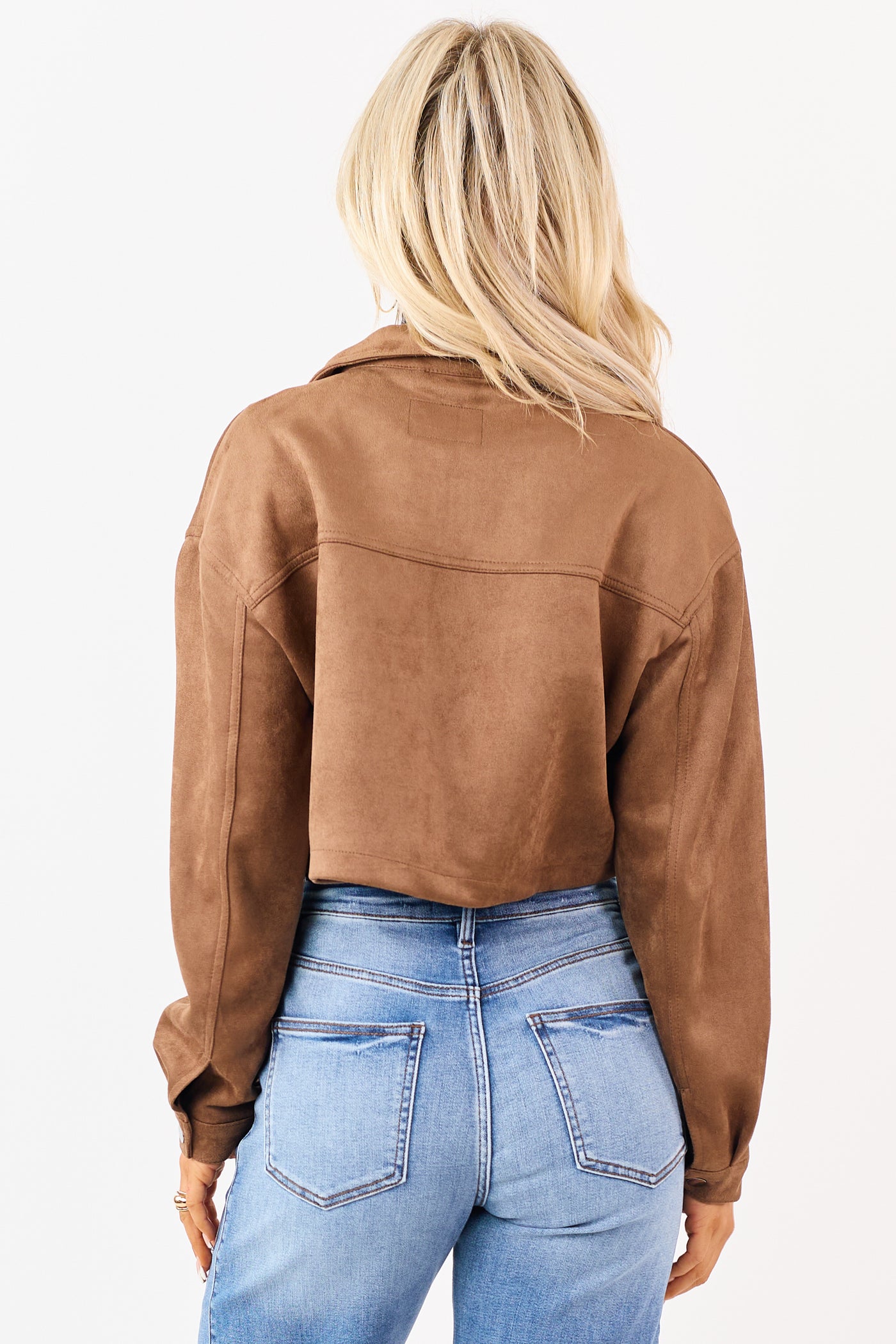 Coffee Faux Suede Cropped Collared Zip Up Jacket