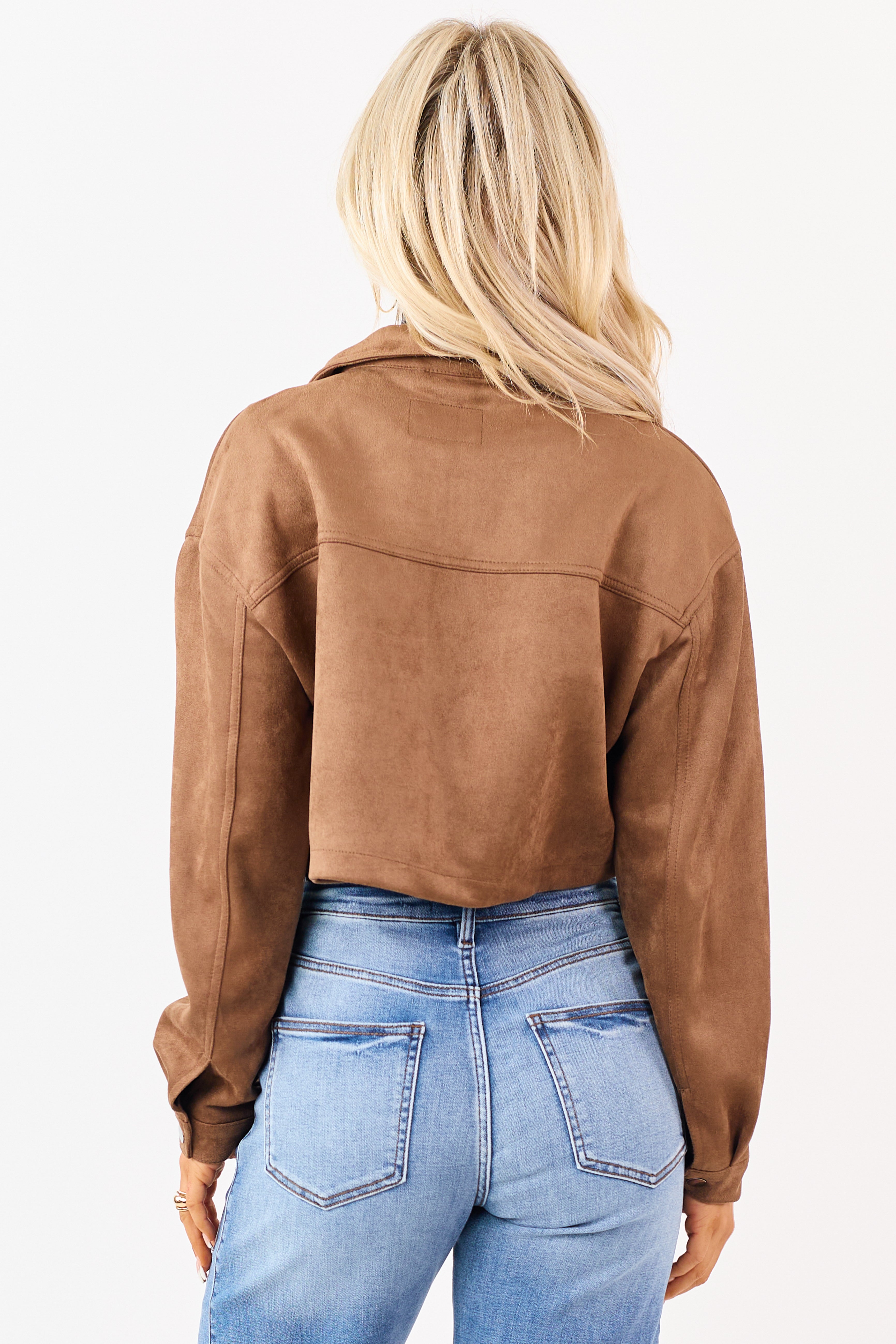 Coffee Faux Suede Cropped Collared Zip Up Jacket