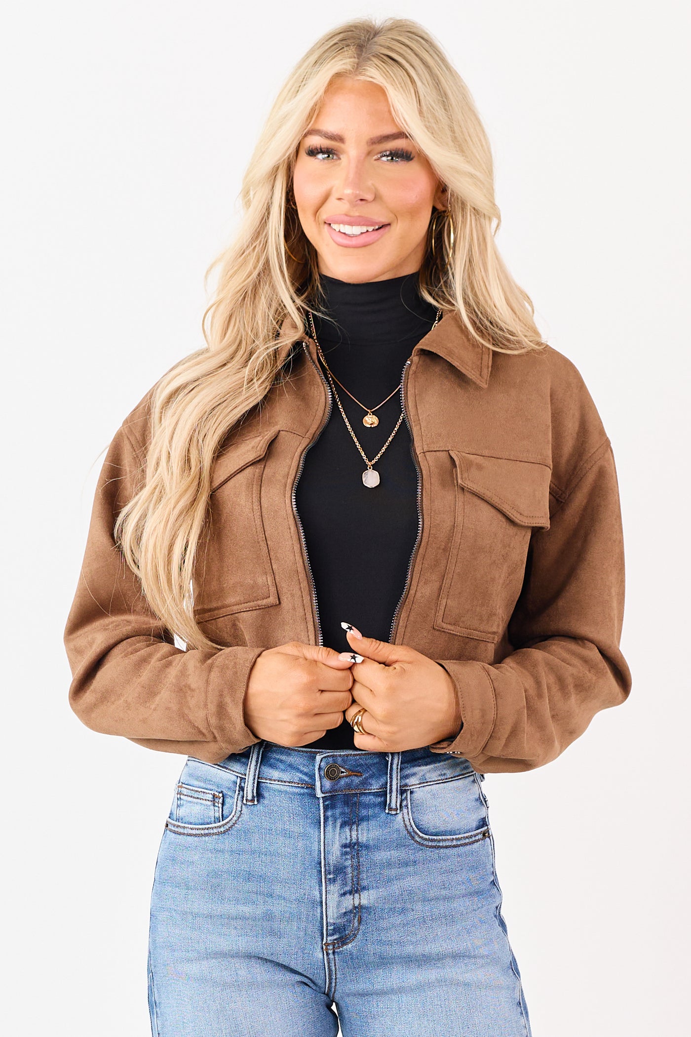 Coffee Faux Suede Cropped Collared Zip Up Jacket