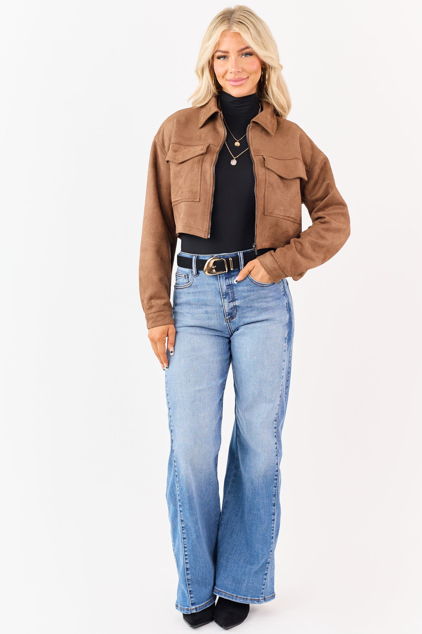 Coffee Faux Suede Cropped Collared Zip Up Jacket