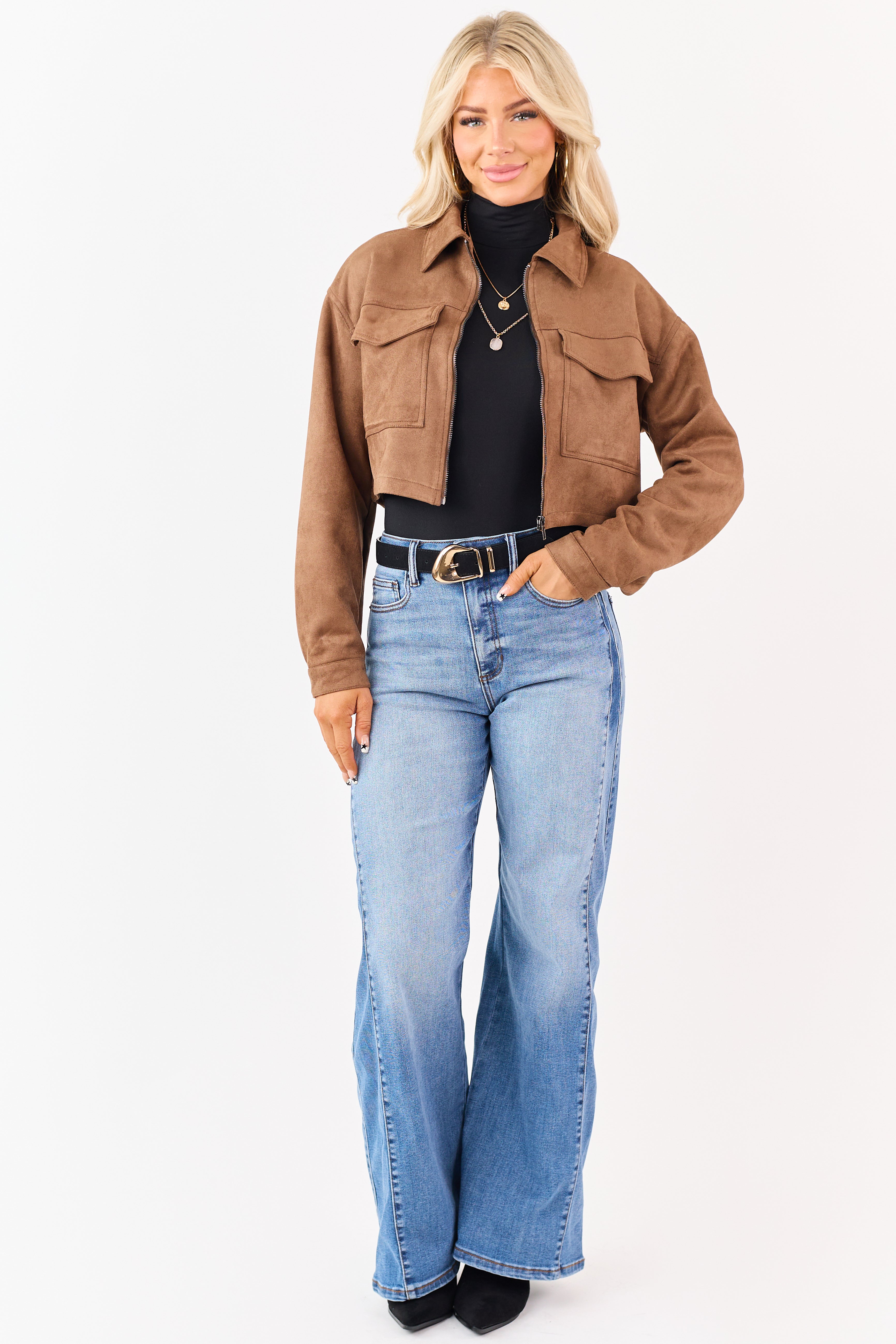 Coffee Faux Suede Cropped Collared Zip Up Jacket