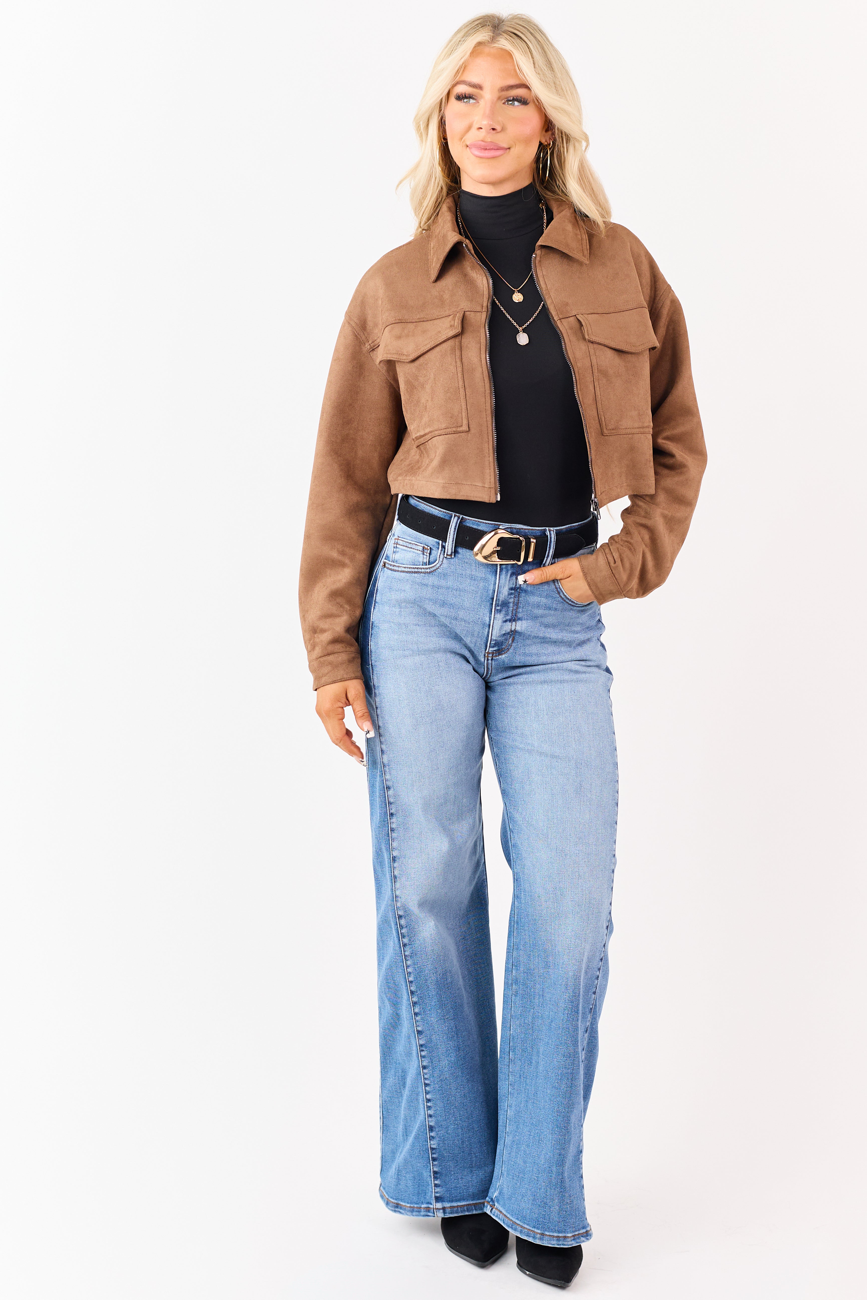 Coffee Faux Suede Cropped Collared Zip Up Jacket