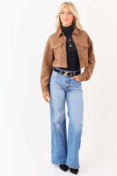 Coffee Faux Suede Cropped Collared Zip Up Jacket
