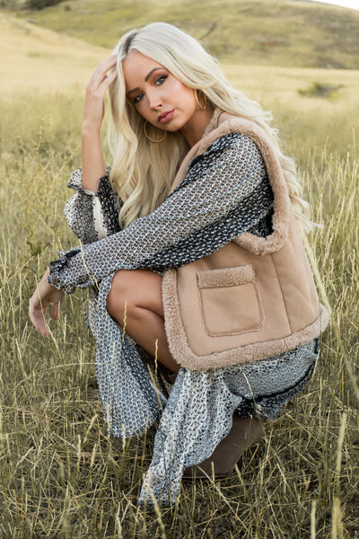 Coffee Faux Suede Sherpa Lined Vest