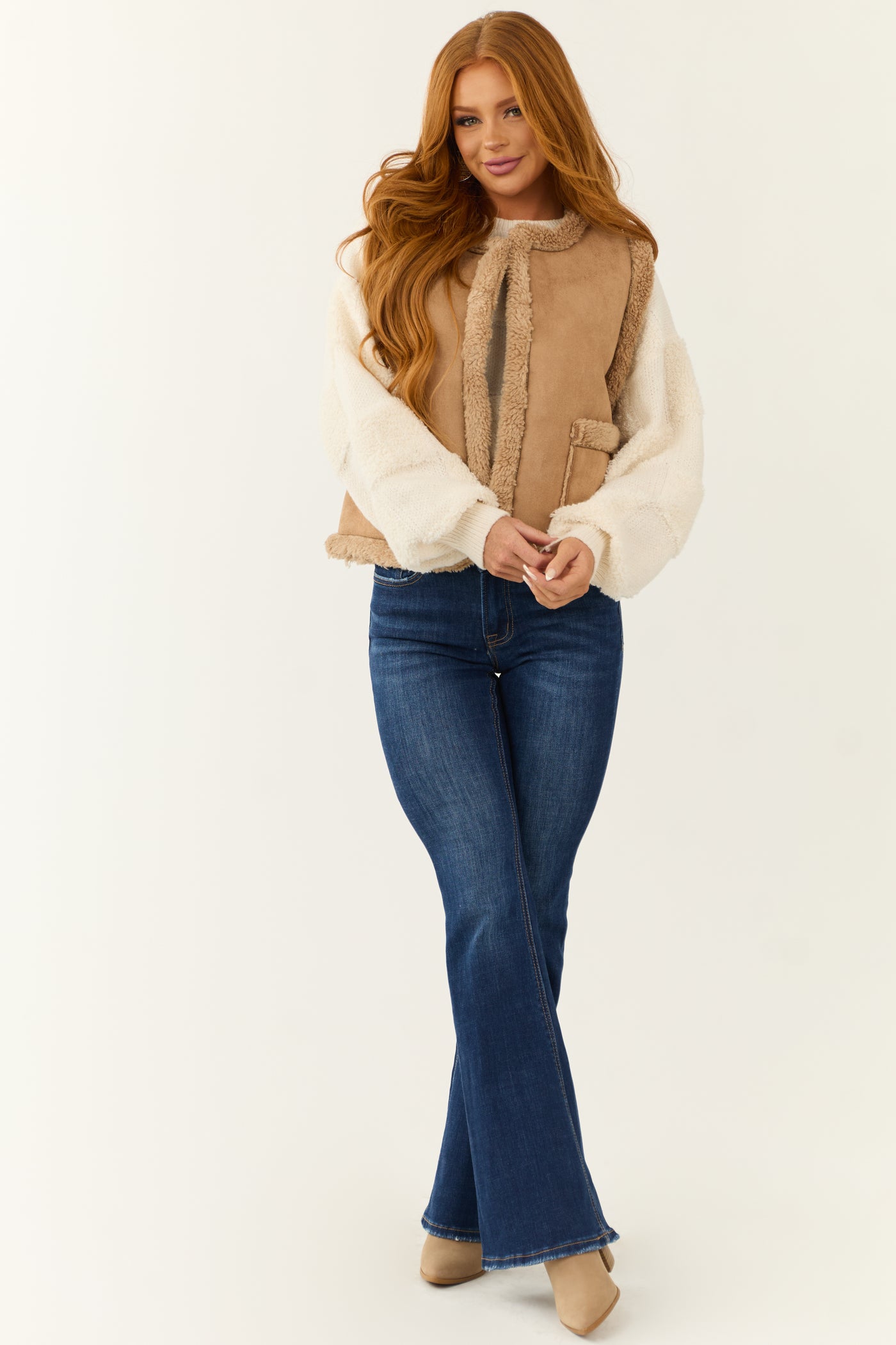 Coffee Faux Suede Sherpa Lined Vest