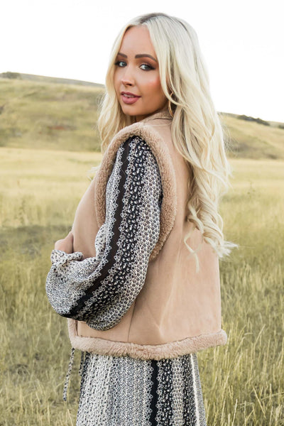 Coffee Faux Suede Sherpa Lined Vest