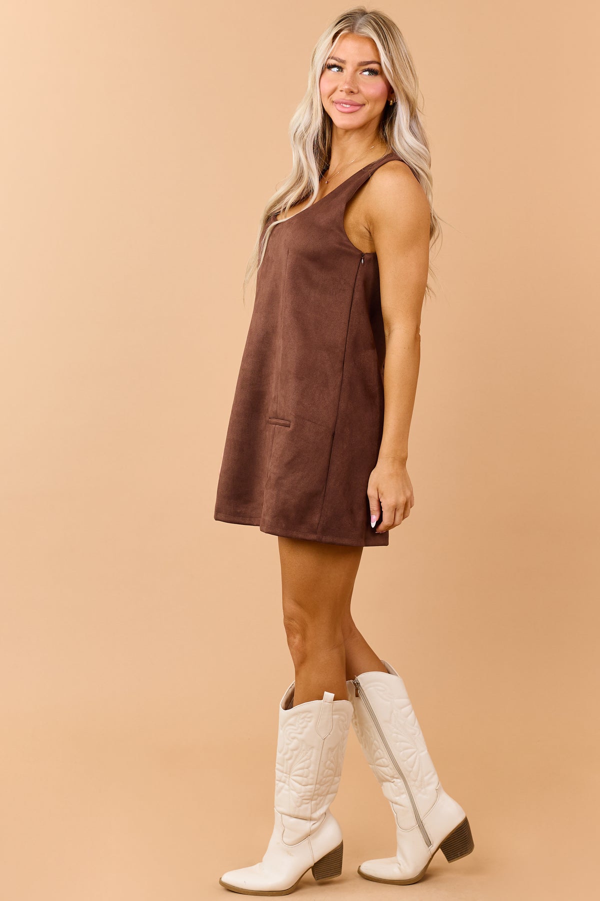 brown mini shift dress Coffee Faux Suede Sleeveless Backless Sizes:US 10 Crafted from smooth satin Download Elegant urban stroll
