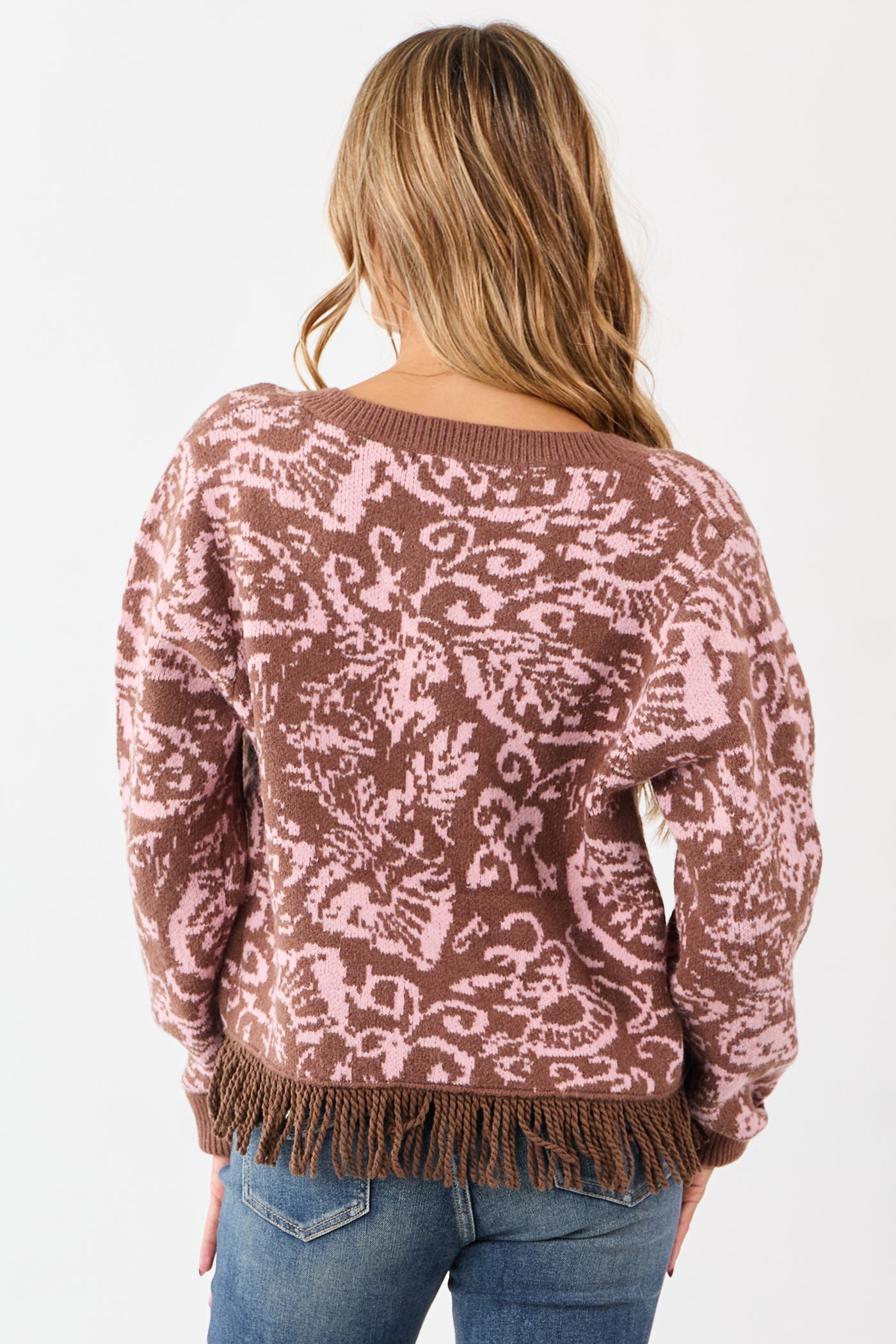Coffee Floral Print Fringe Hem Button Up Cardigan