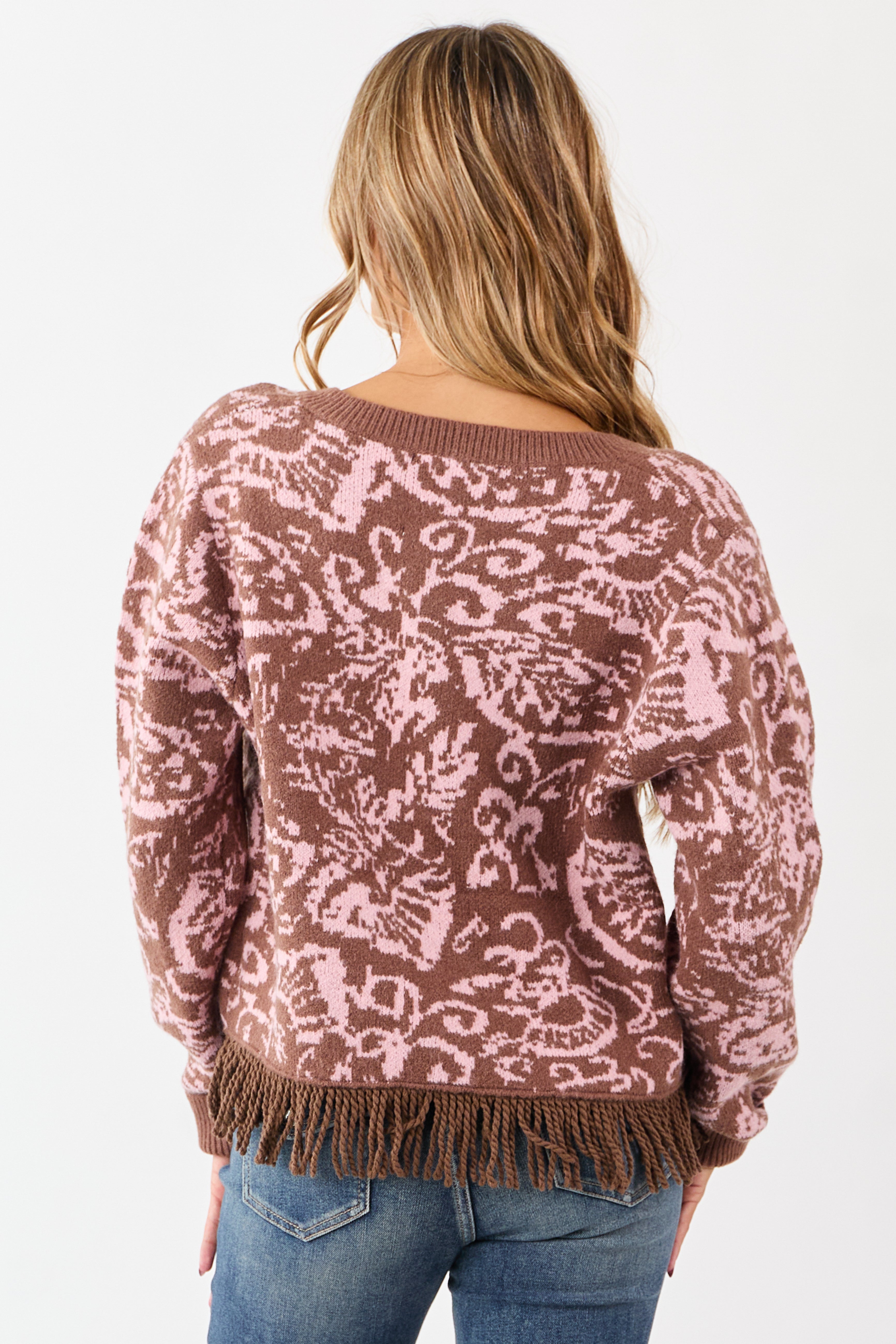 Coffee Floral Print Fringe Hem Button Up Cardigan