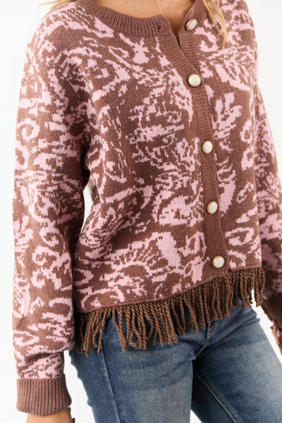 Coffee Floral Print Fringe Hem Button Up Cardigan