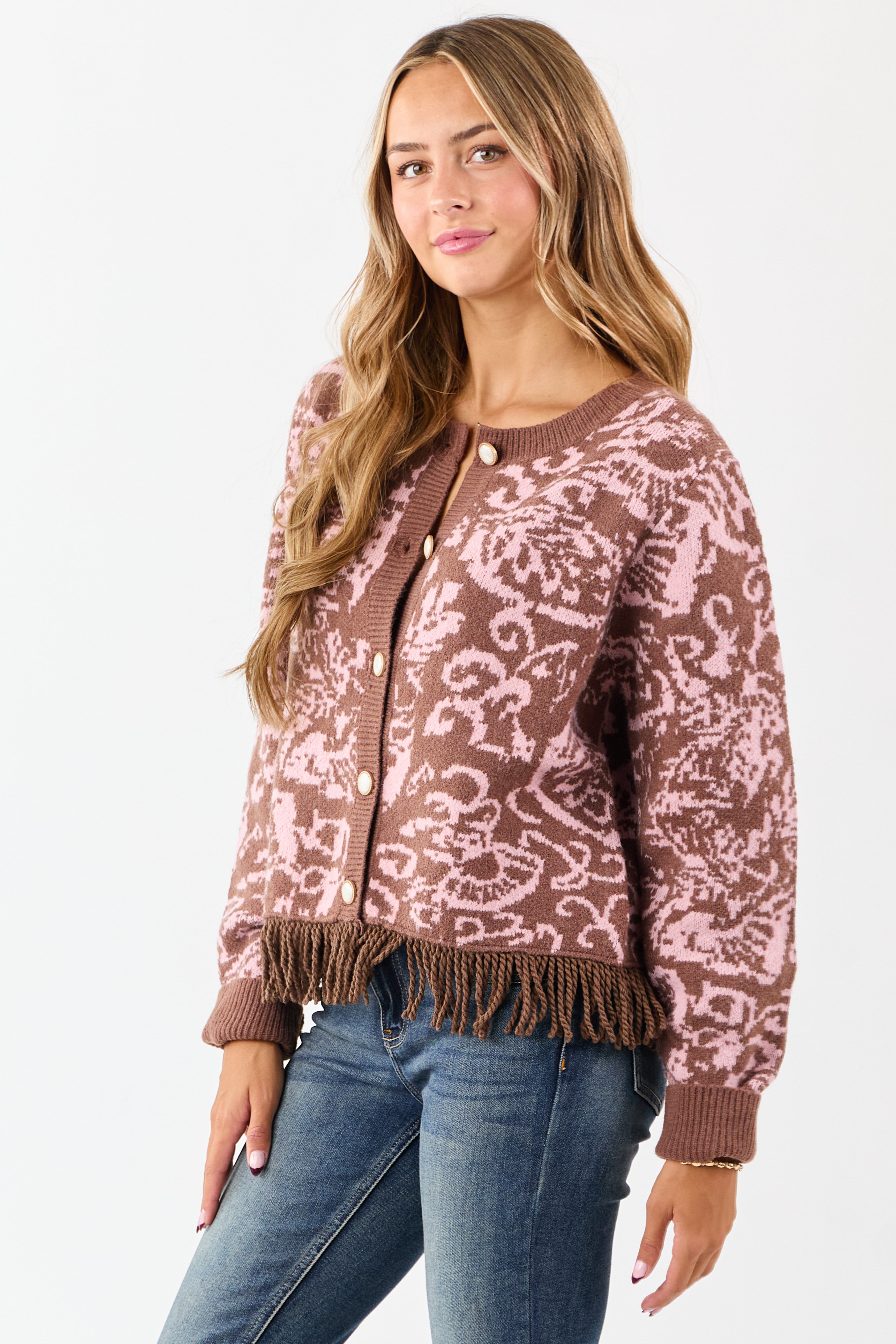 Coffee Floral Print Fringe Hem Button Up Cardigan