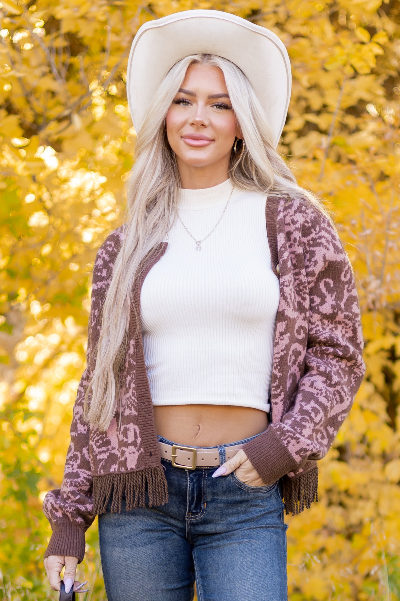 Coffee Floral Print Fringe Hem Button Up Cardigan