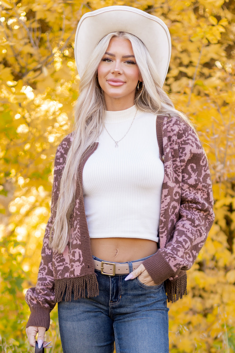 Coffee Floral Print Fringe Hem Button Up Cardigan