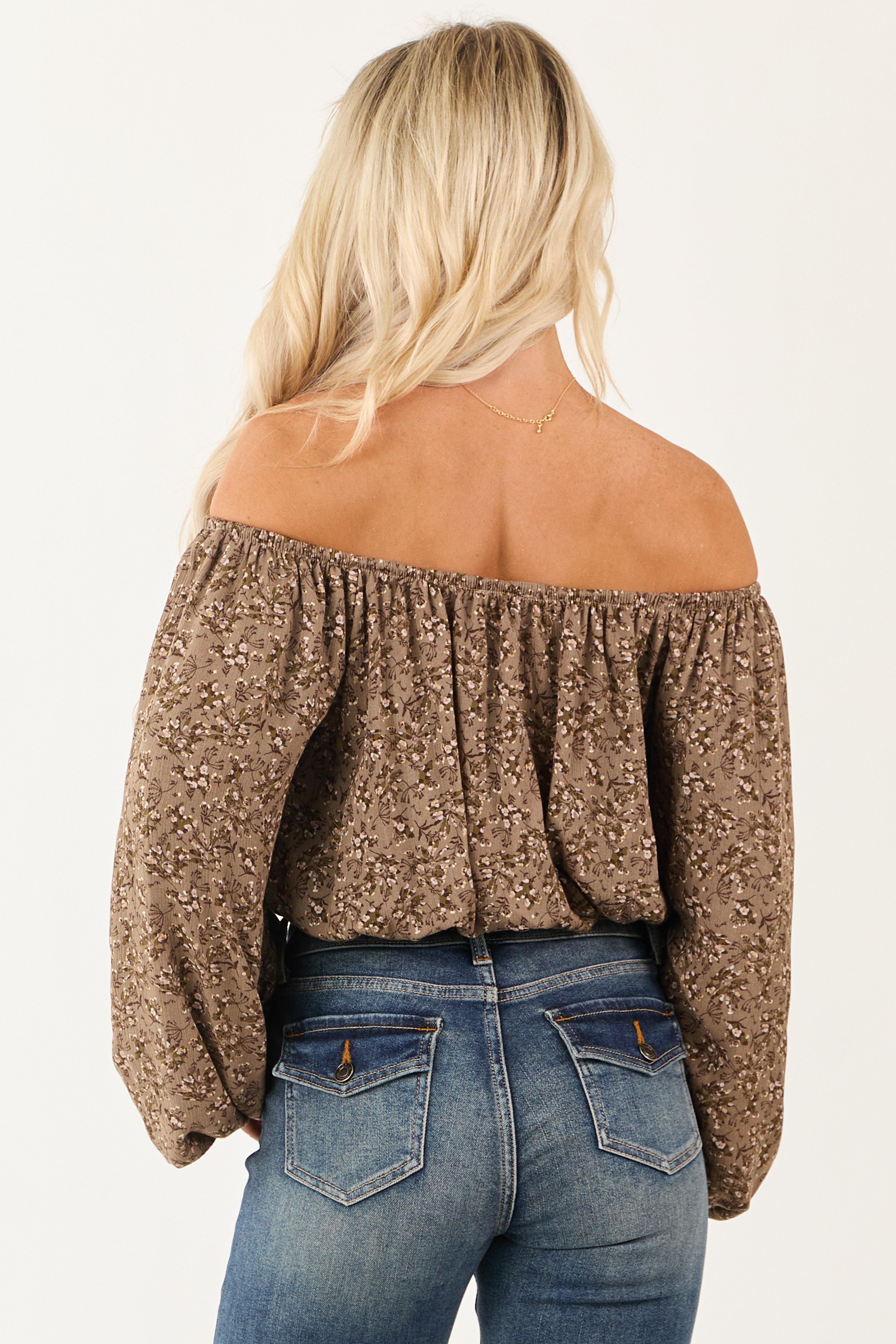 Coffee Floral Print Off Shoulder Crop Top