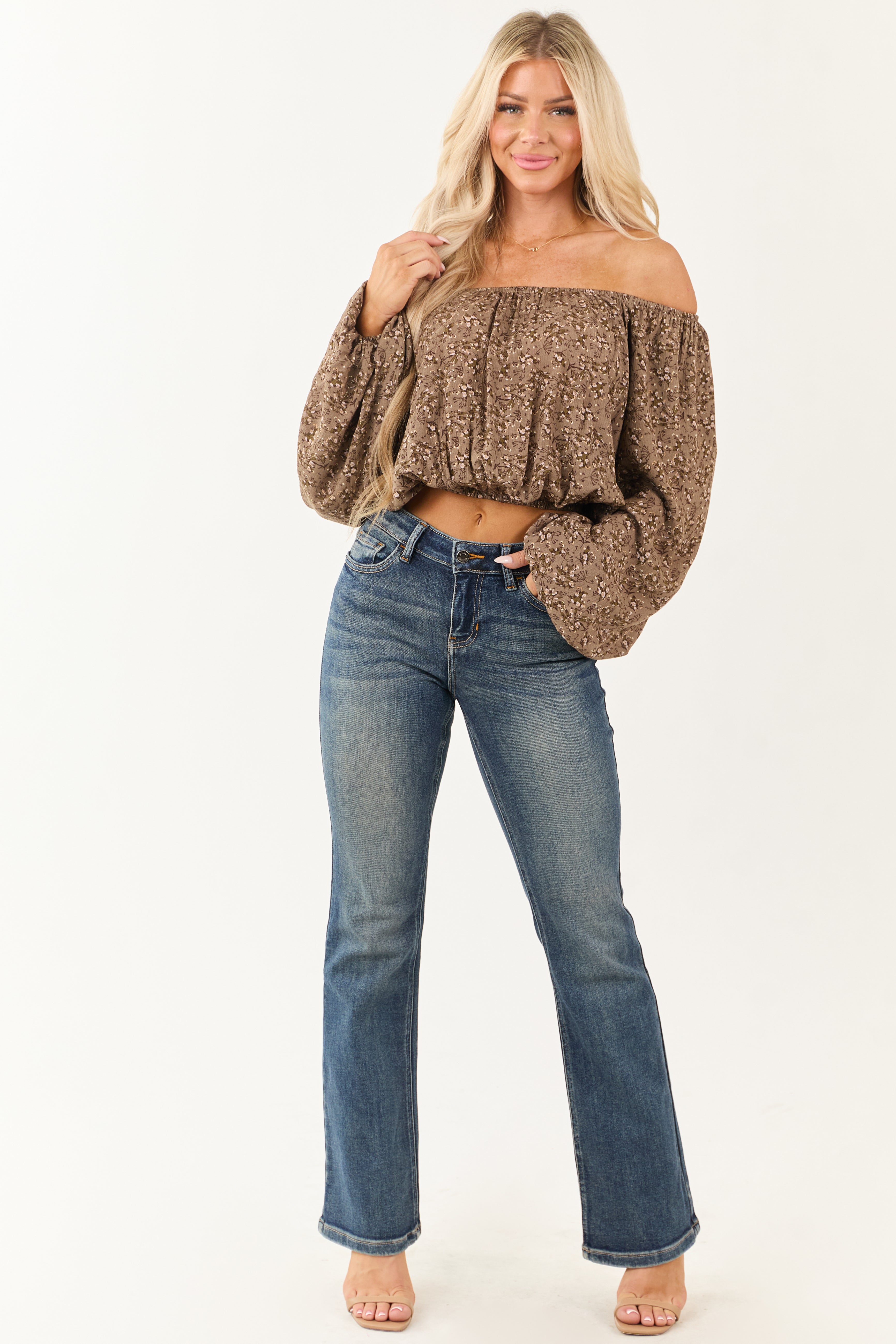 Coffee Floral Print Off Shoulder Crop Top