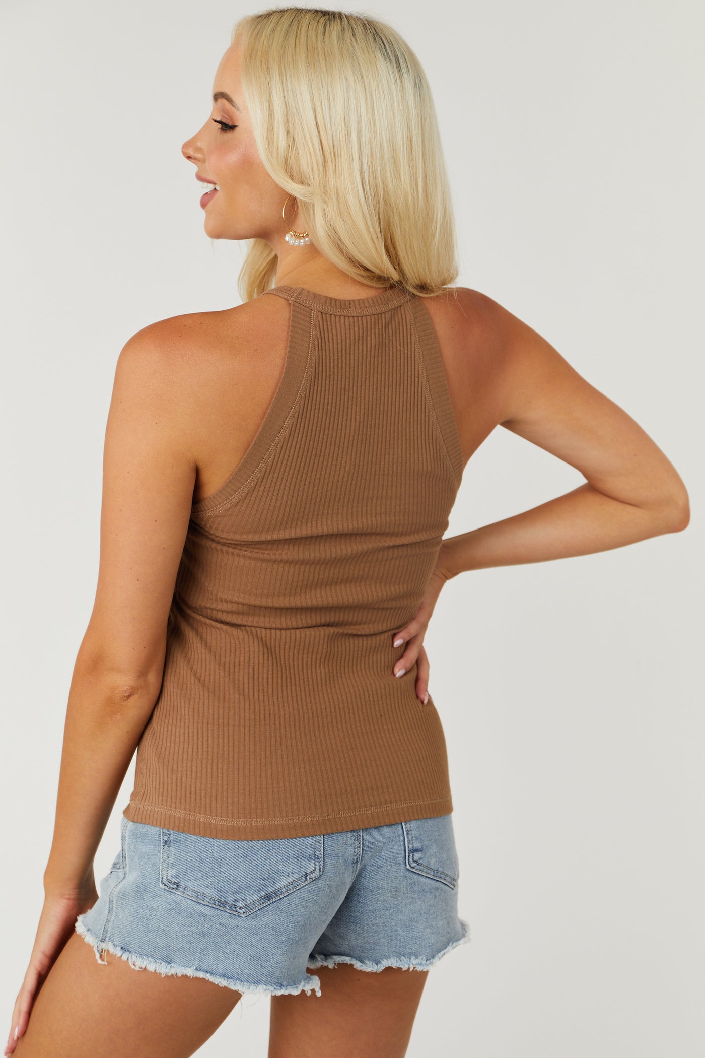 Coffee Halter Neck Ribbed Tank Top