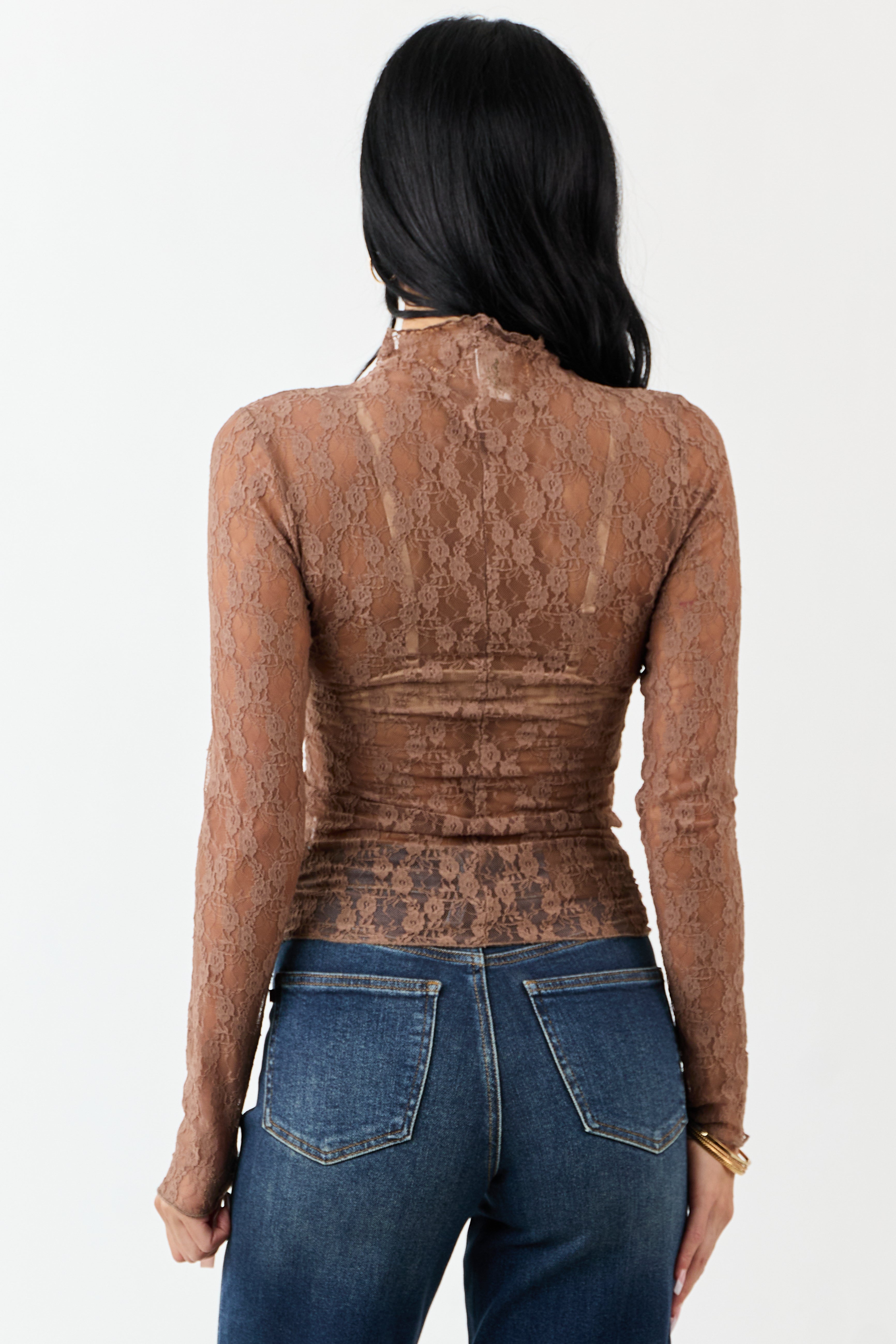 Coffee High Neck Long Sleeve Mesh Top