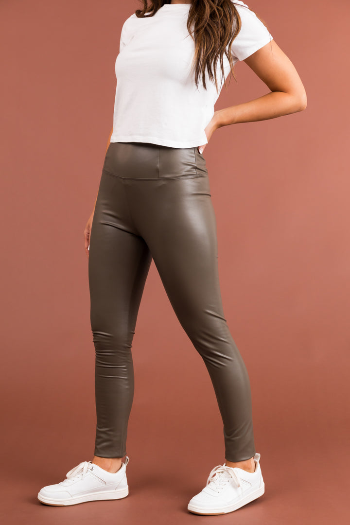 Coffee High Rise Soft Lined Faux Leather Leggings