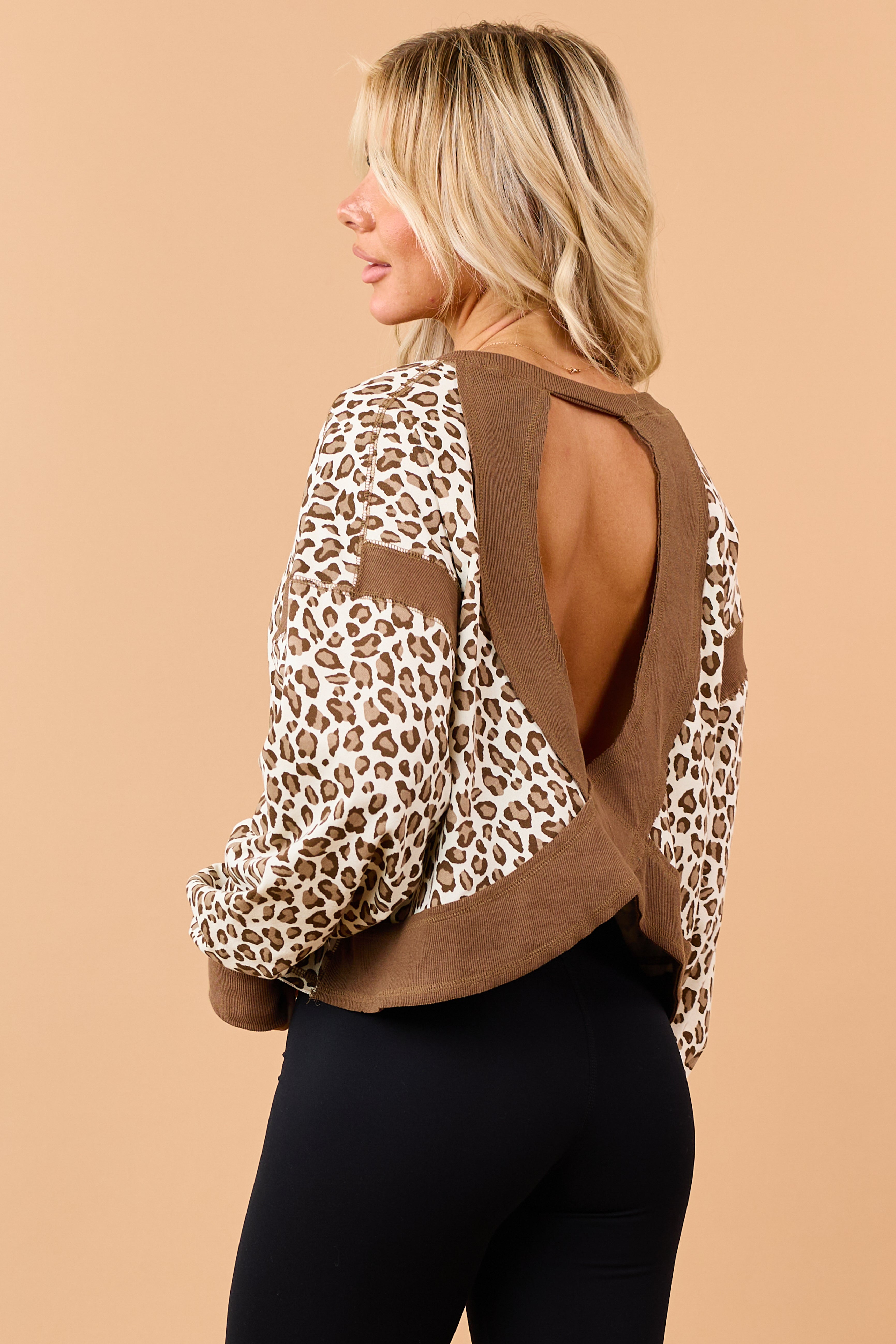 Coffee Leopard Print Back Cut Out Sweatshirt