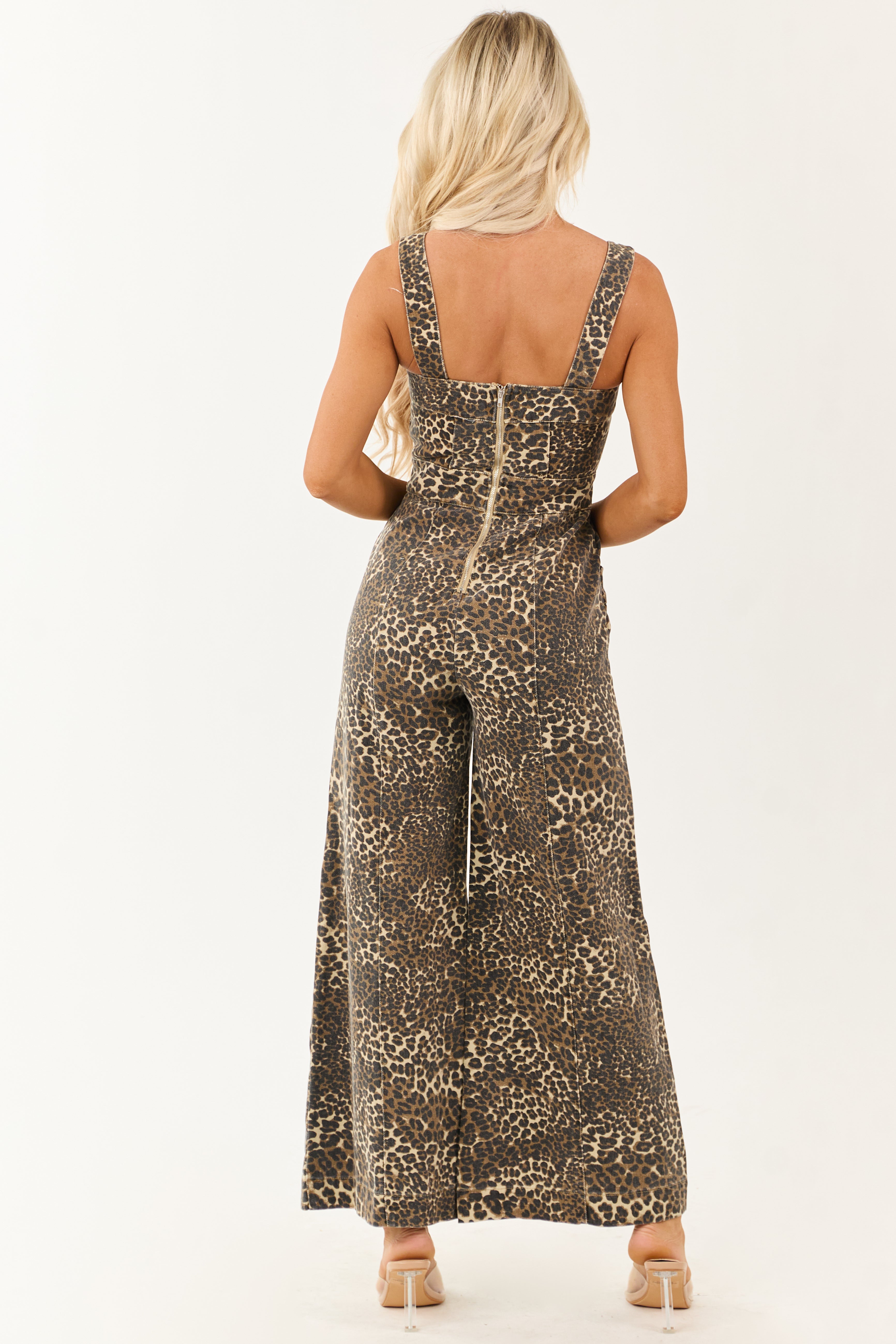 Coffee Leopard Print Wide Leg Denim Overalls