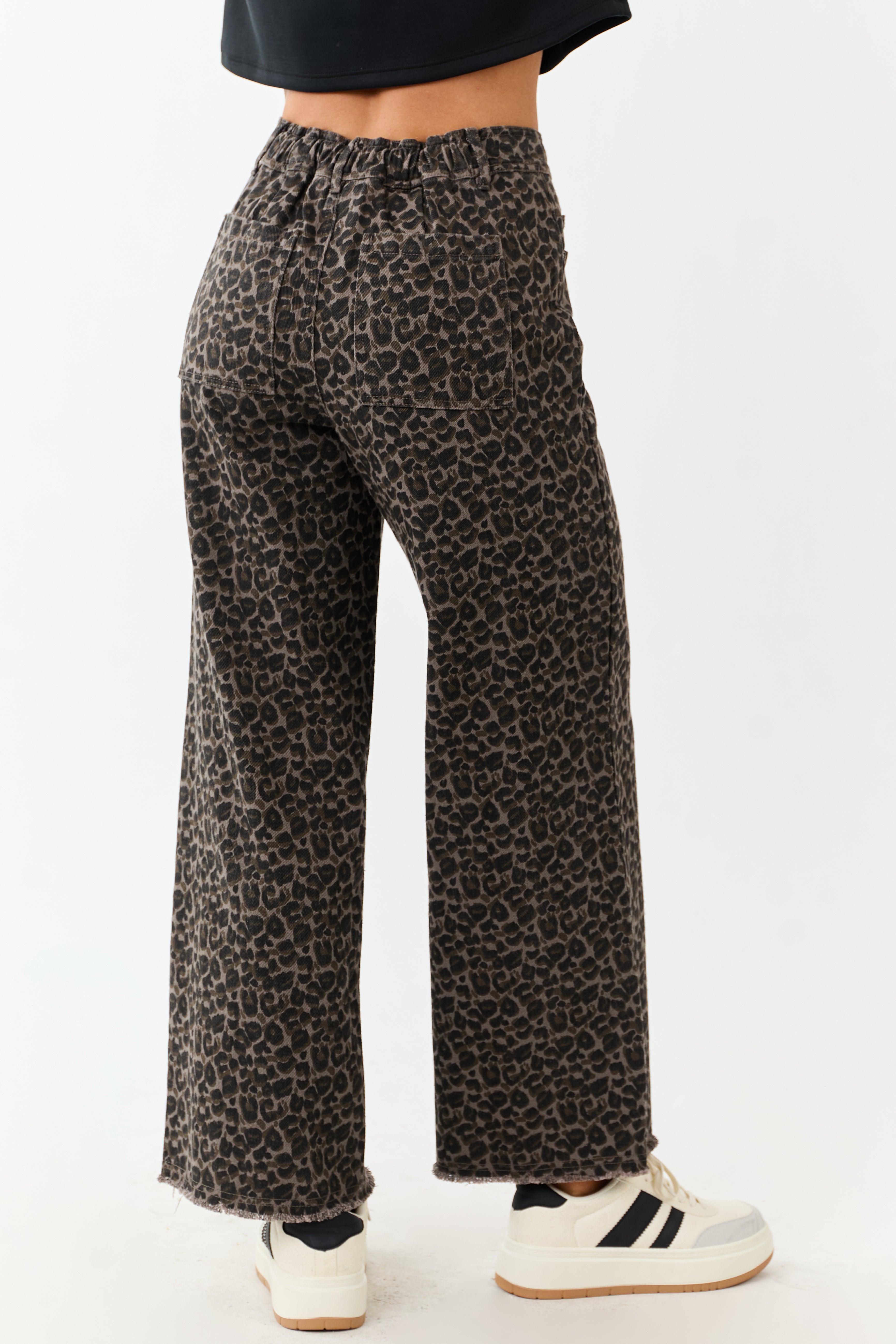Coffee Leopard Print Wide Leg Denim Pants