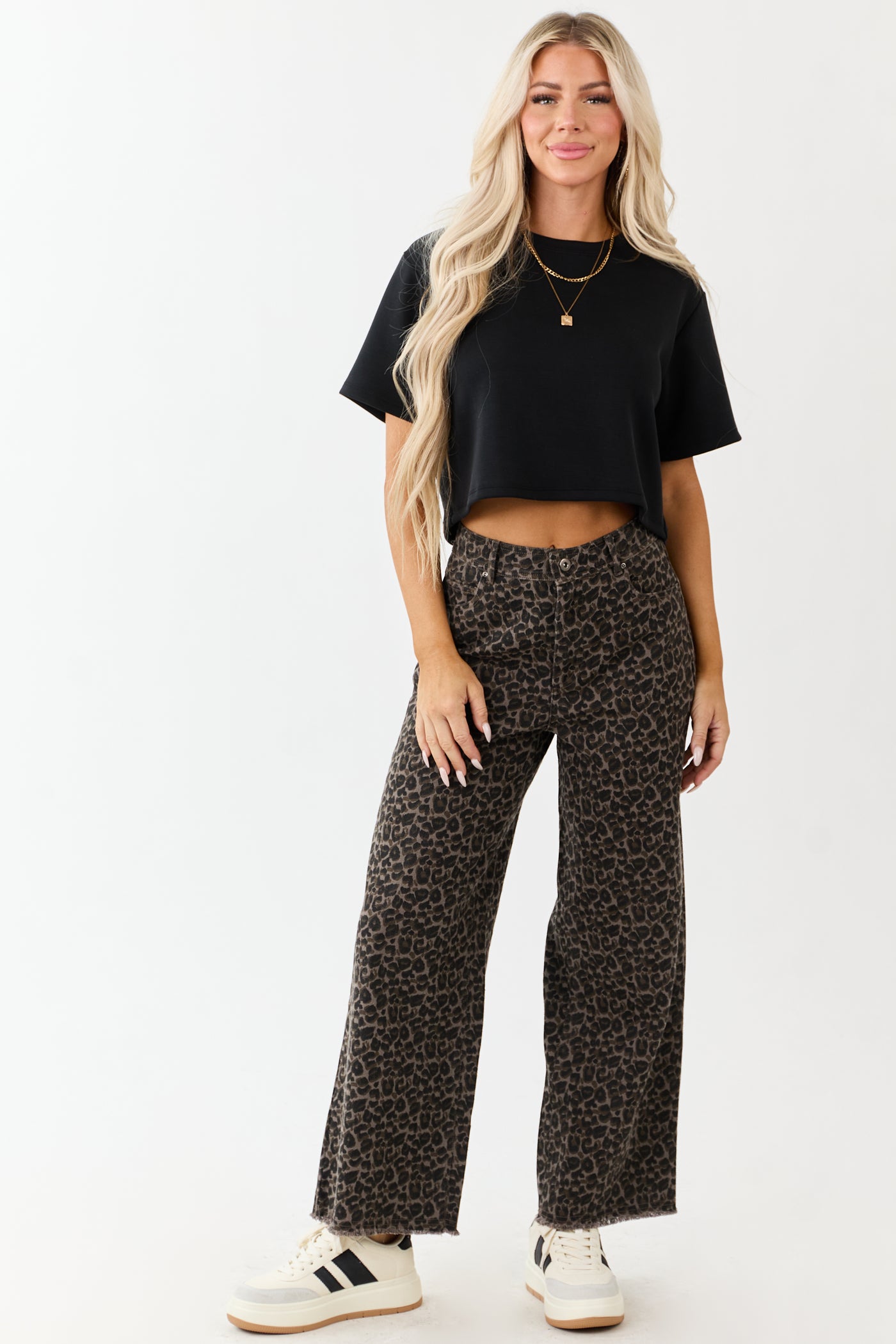 Coffee Leopard Print Wide Leg Denim Pants