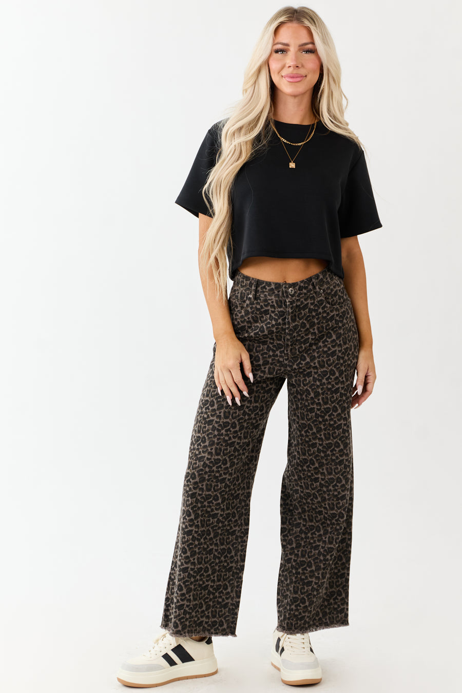 Coffee Leopard Print Wide Leg Denim Pants