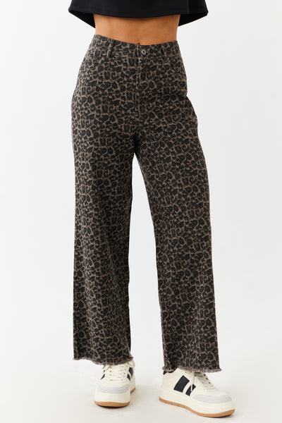 Coffee Leopard Print Wide Leg Denim Pants