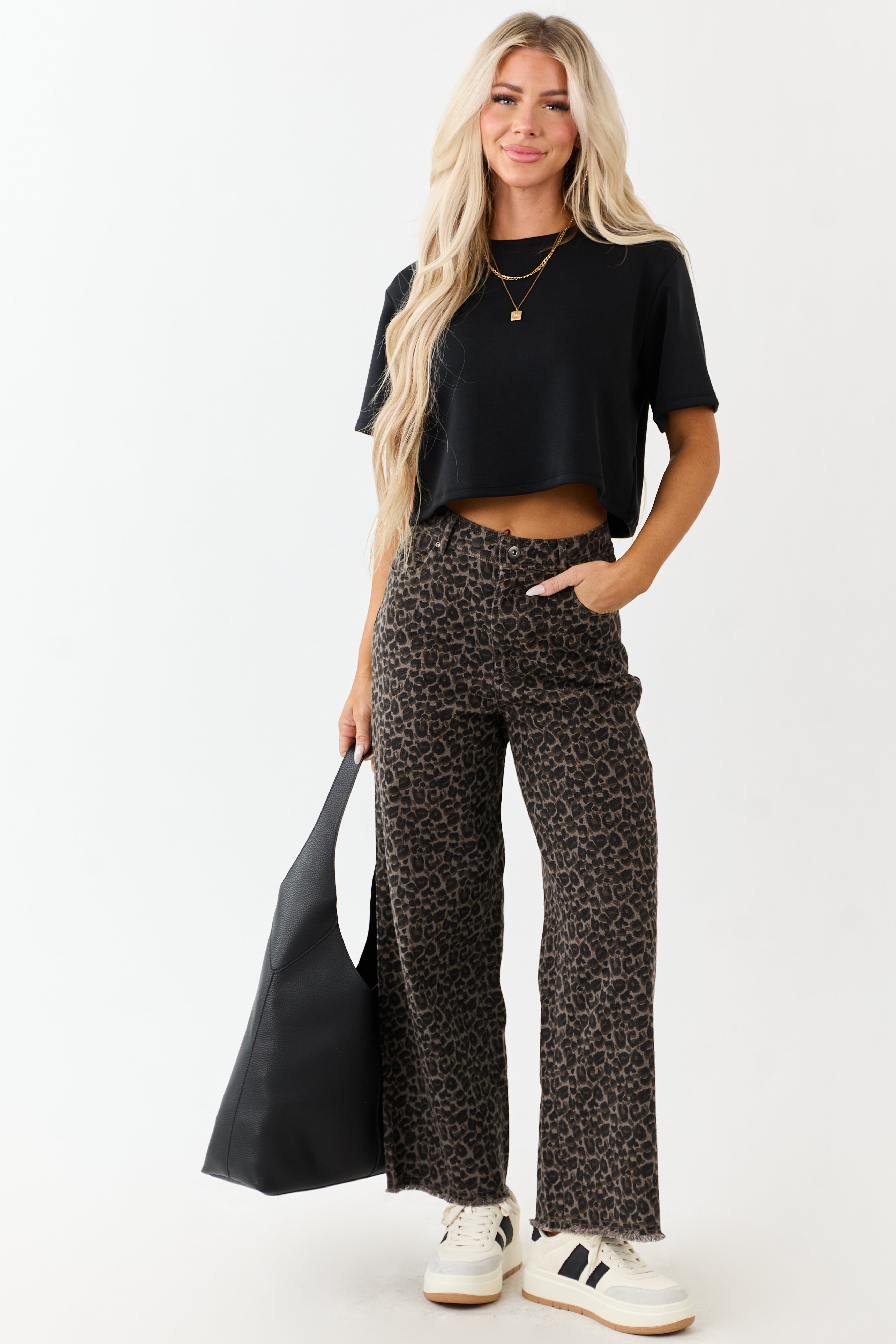 Coffee Leopard Print Wide Leg Denim Pants