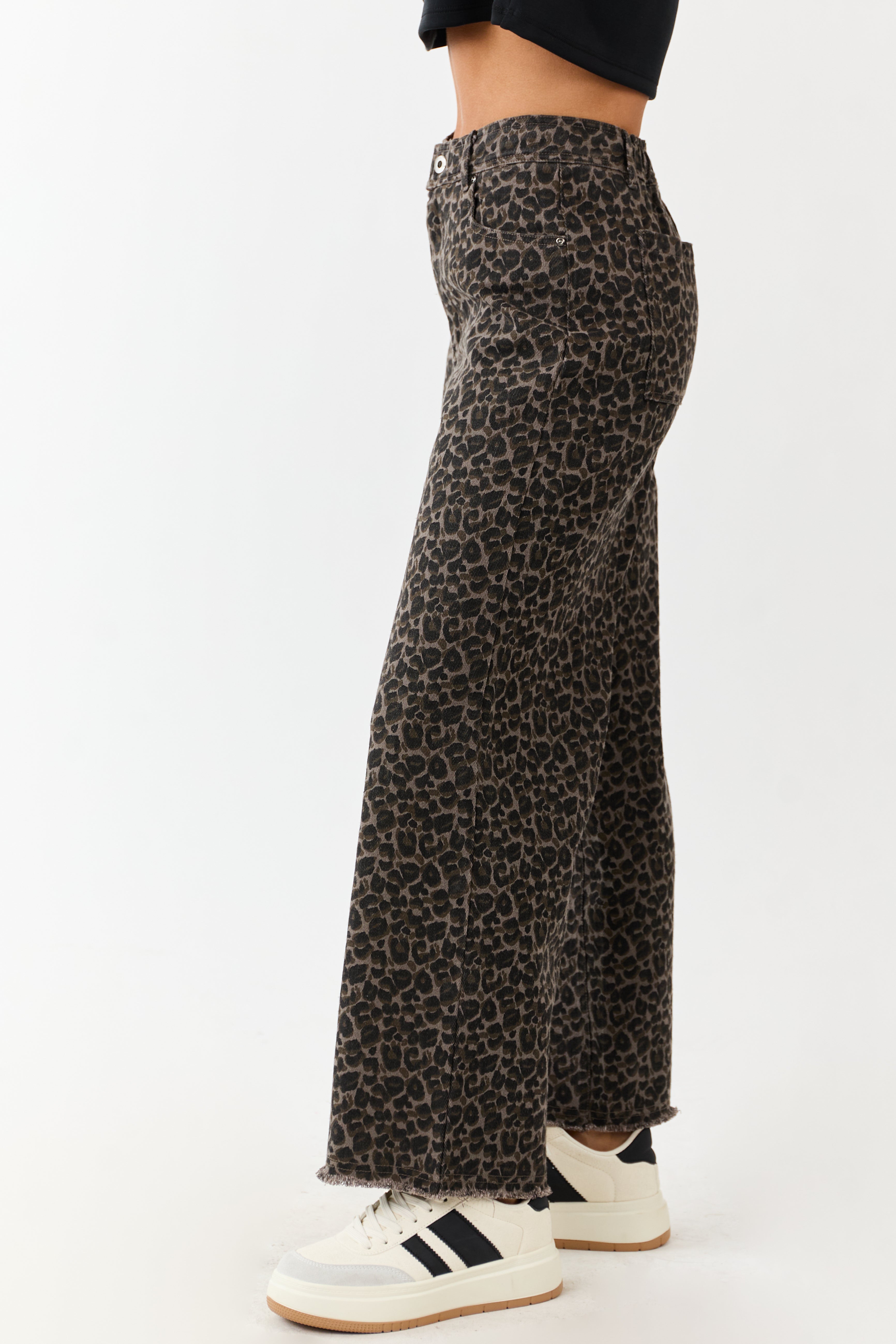 Coffee Leopard Print Wide Leg Denim Pants