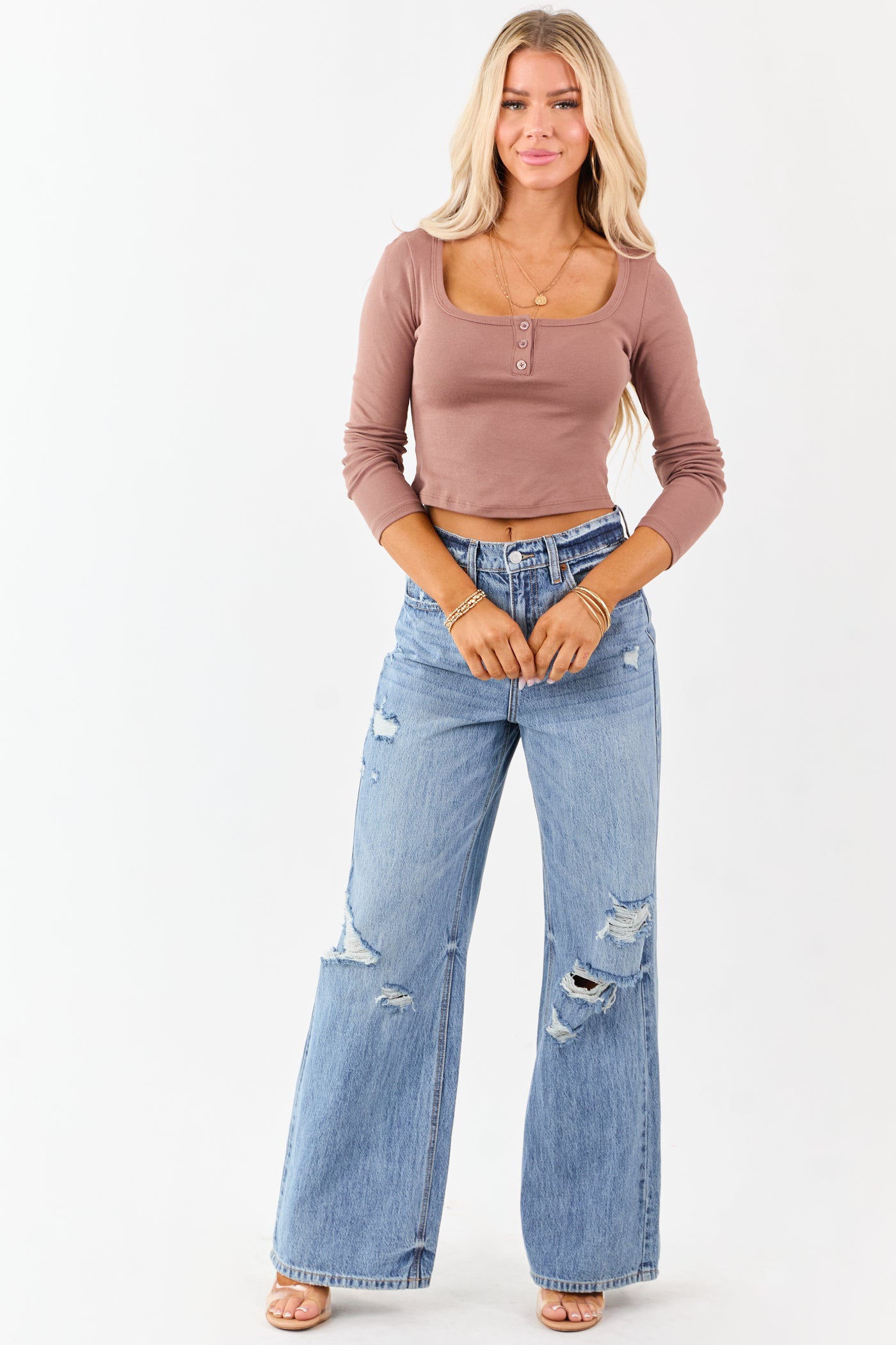 Coffee Long Sleeve Crop Cotton Henley Top